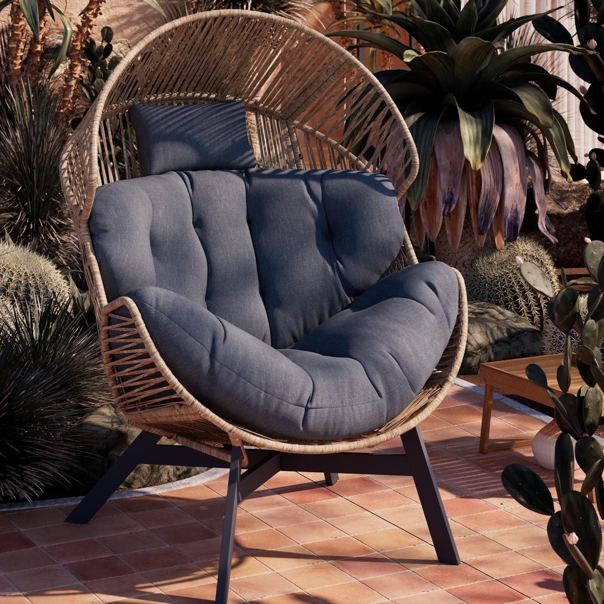 LOUNGESESSEL Grau, Naturfarben, Schwarz Stahl  - Schwarz/Naturfarben, Design, Kunststoff/Textil (101/140/96cm) - Ambia Garden