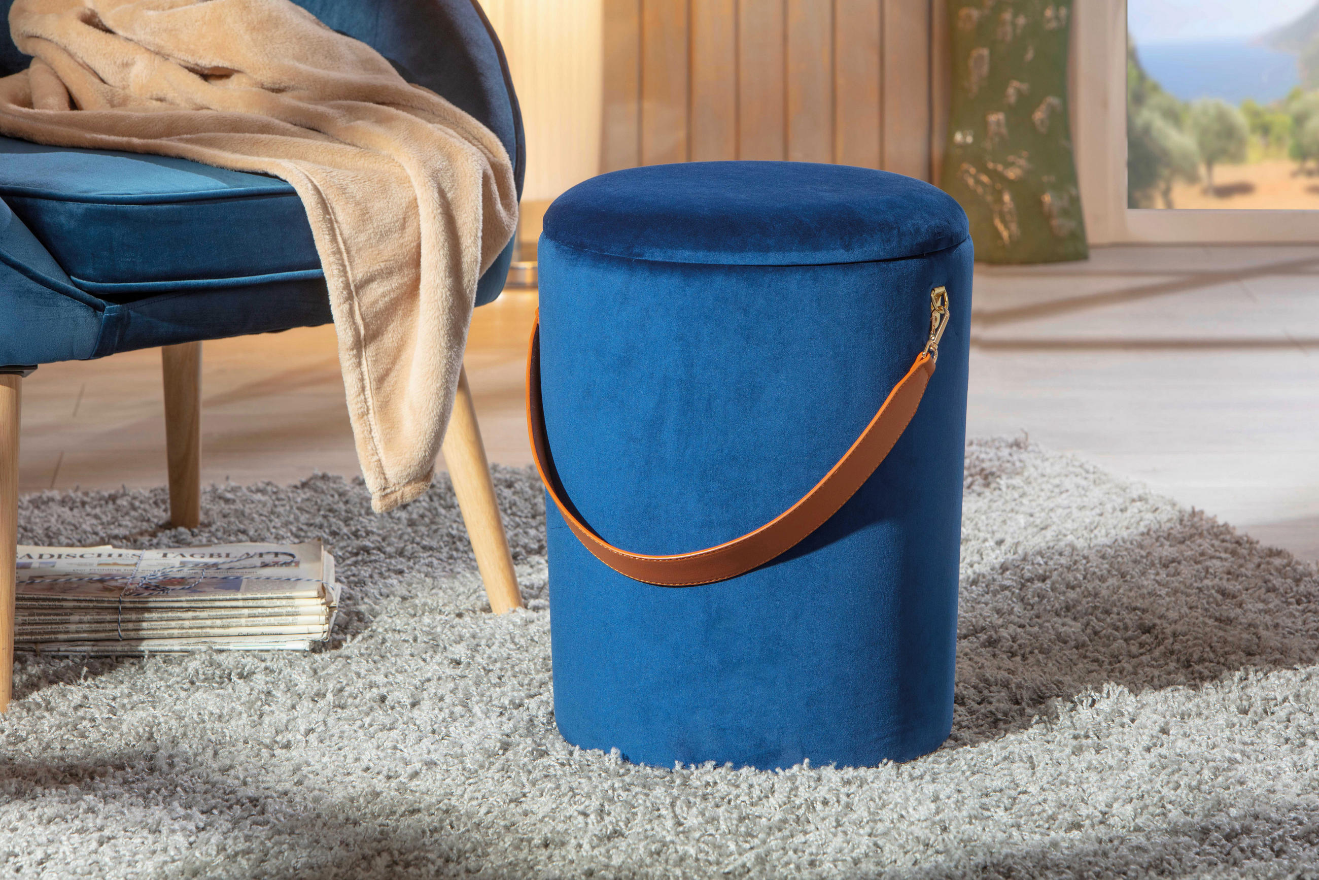 HOCKER Samt Blau  - Blau, Design, Textil (35/45/35cm) - Livetastic