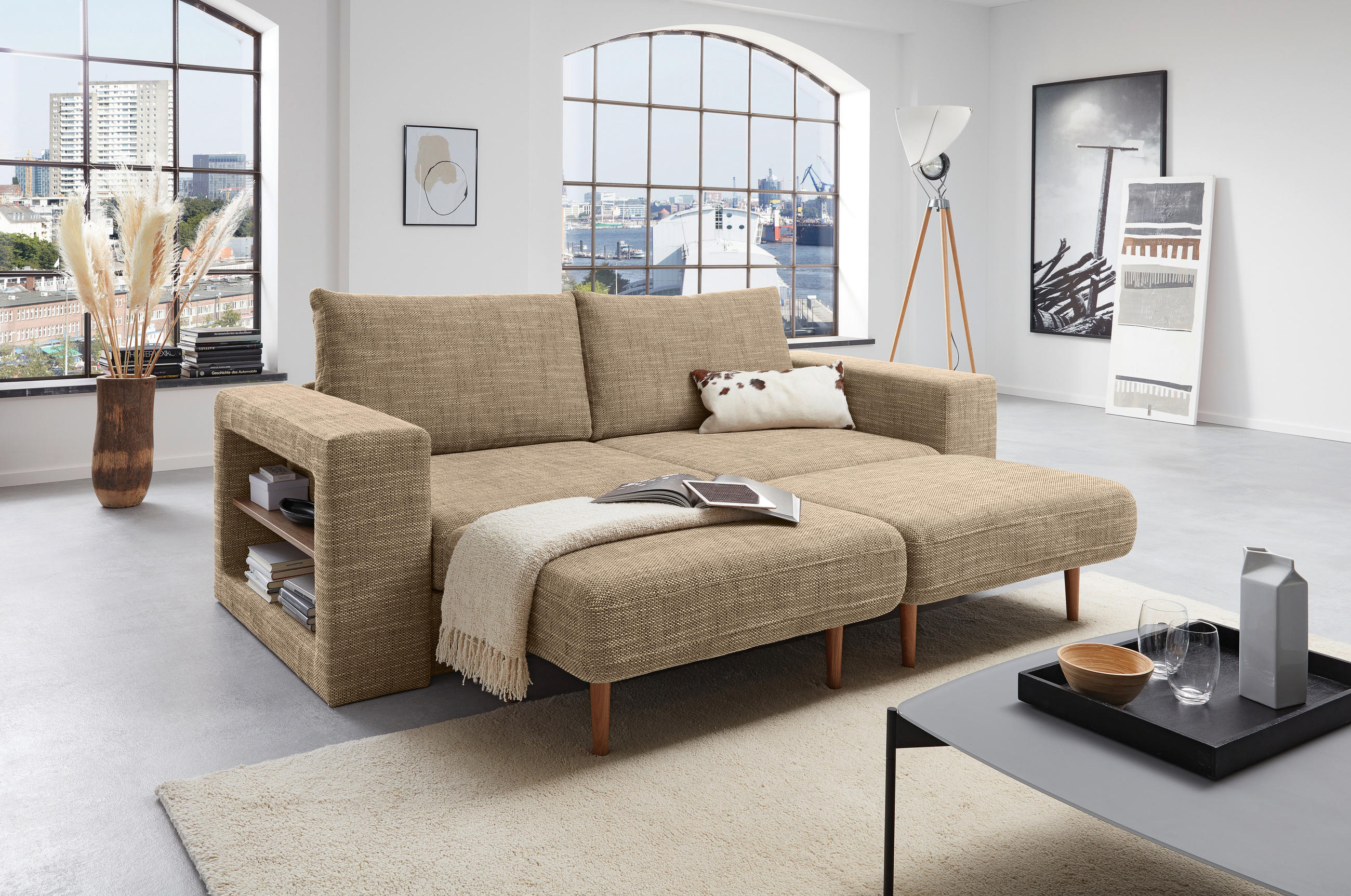 DREISITZER-SOFA inkl. Hocker Webstoff Braun, Beige  - Eichefarben/Beige, Design, Holz/Textil (212/96/107cm) - LOOKS by W.Joop