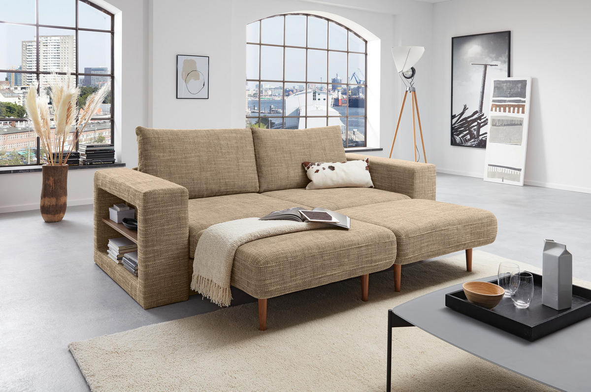 ZWEISITZER-SOFA inkl. Hocker Webstoff Braun, Beige  - Eichefarben/Beige, Design, Holz/Textil (172/96/107cm) - LOOKS by W.Joop