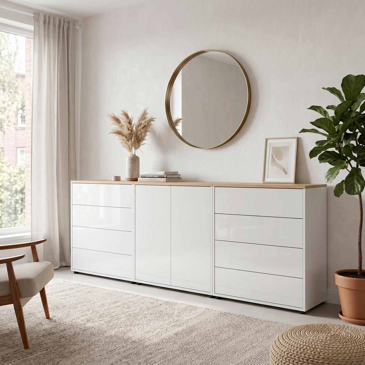 SIDEBOARD Mailand Set 4 237/73/33 cm 8 Schublade(n)  - Weiß Hochglanz/Schwarz, MODERN, Holzwerkstoff/Kunststoff (237/73/33cm) - MID.YOU
