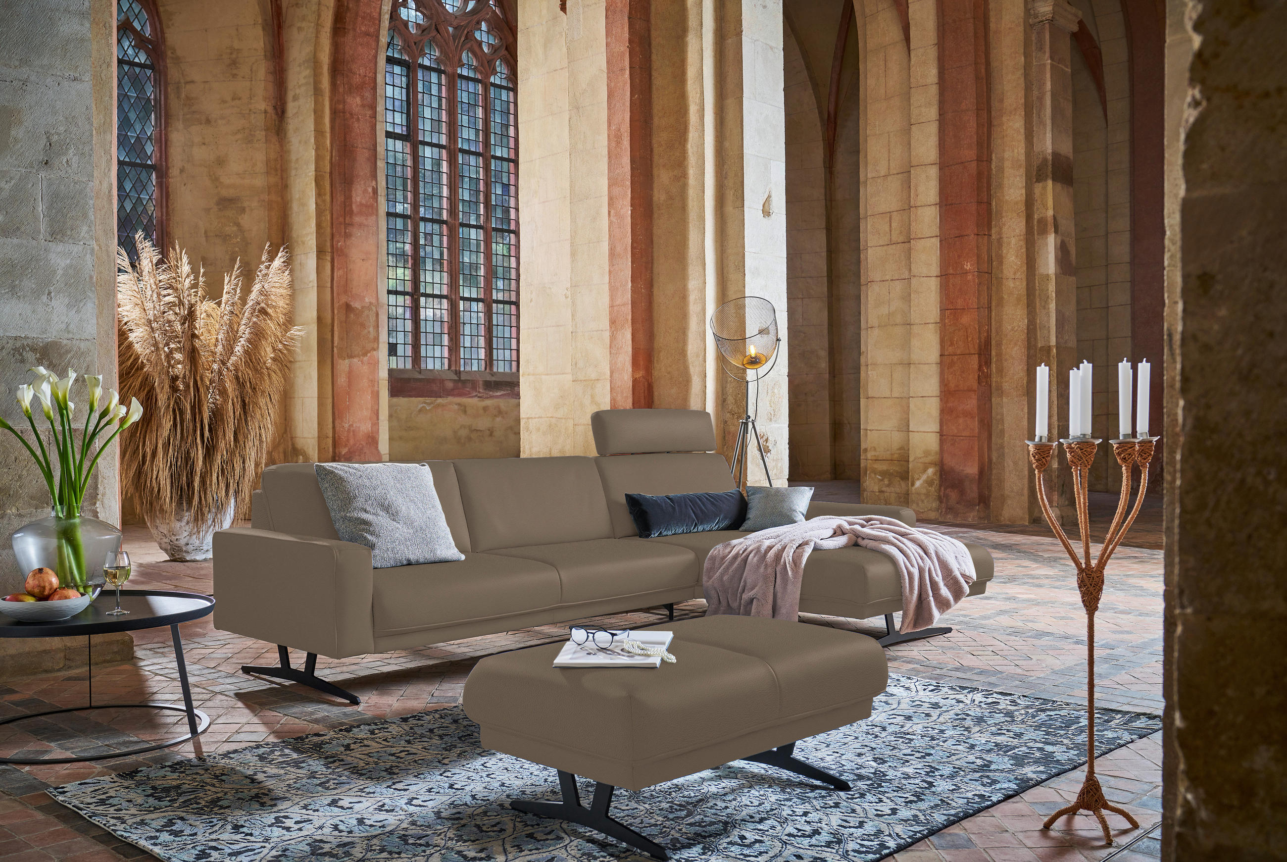 ECKSOFA in Echtleder Greige  - Greige/Anthrazit, Konventionell, Leder/Metall (324/179cm) - Johann Jakob