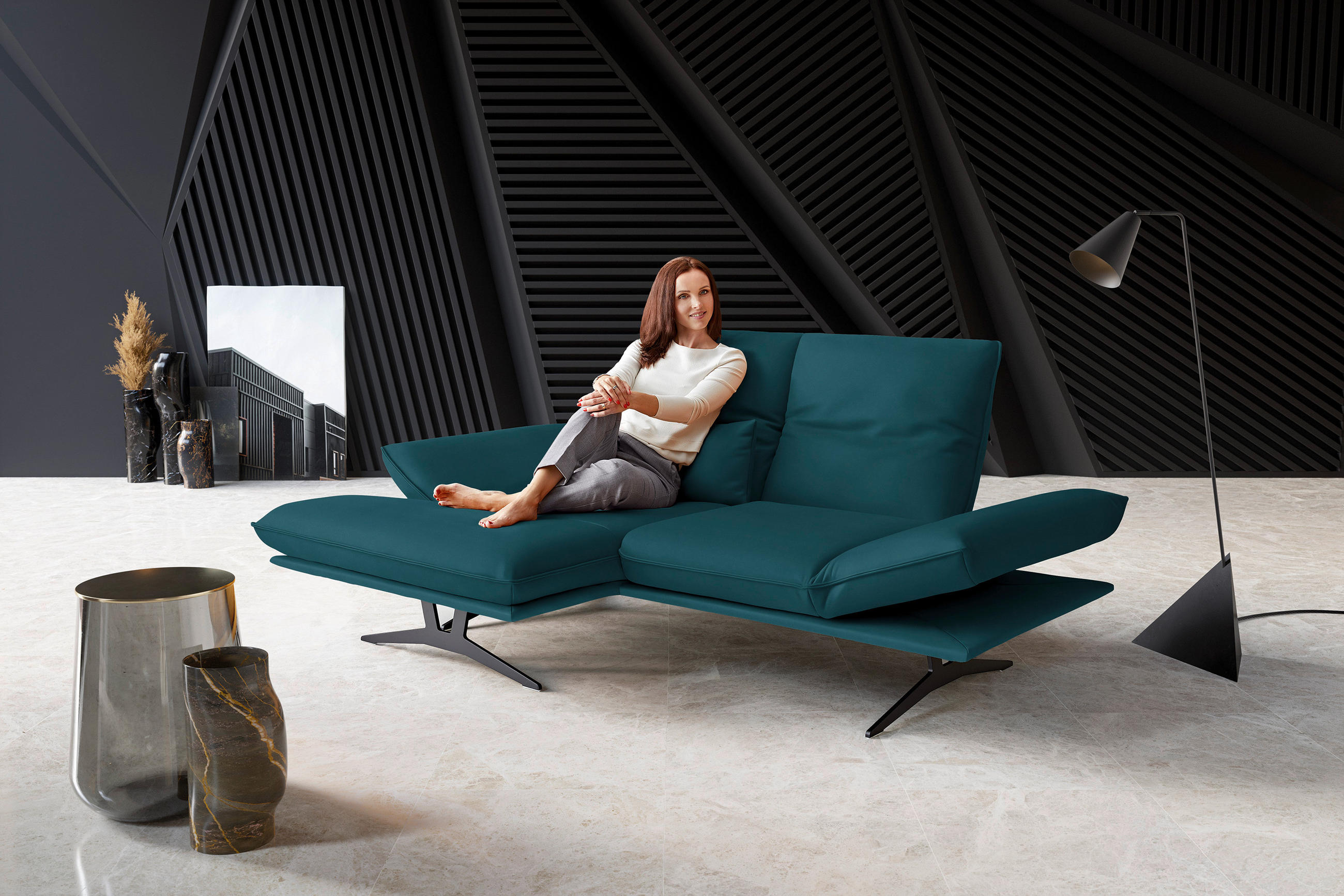 ECKSOFA in Echtleder Petrol  - Gelb/Petrol, Design, Leder/Metall (130/210cm) - Dieter Knoll