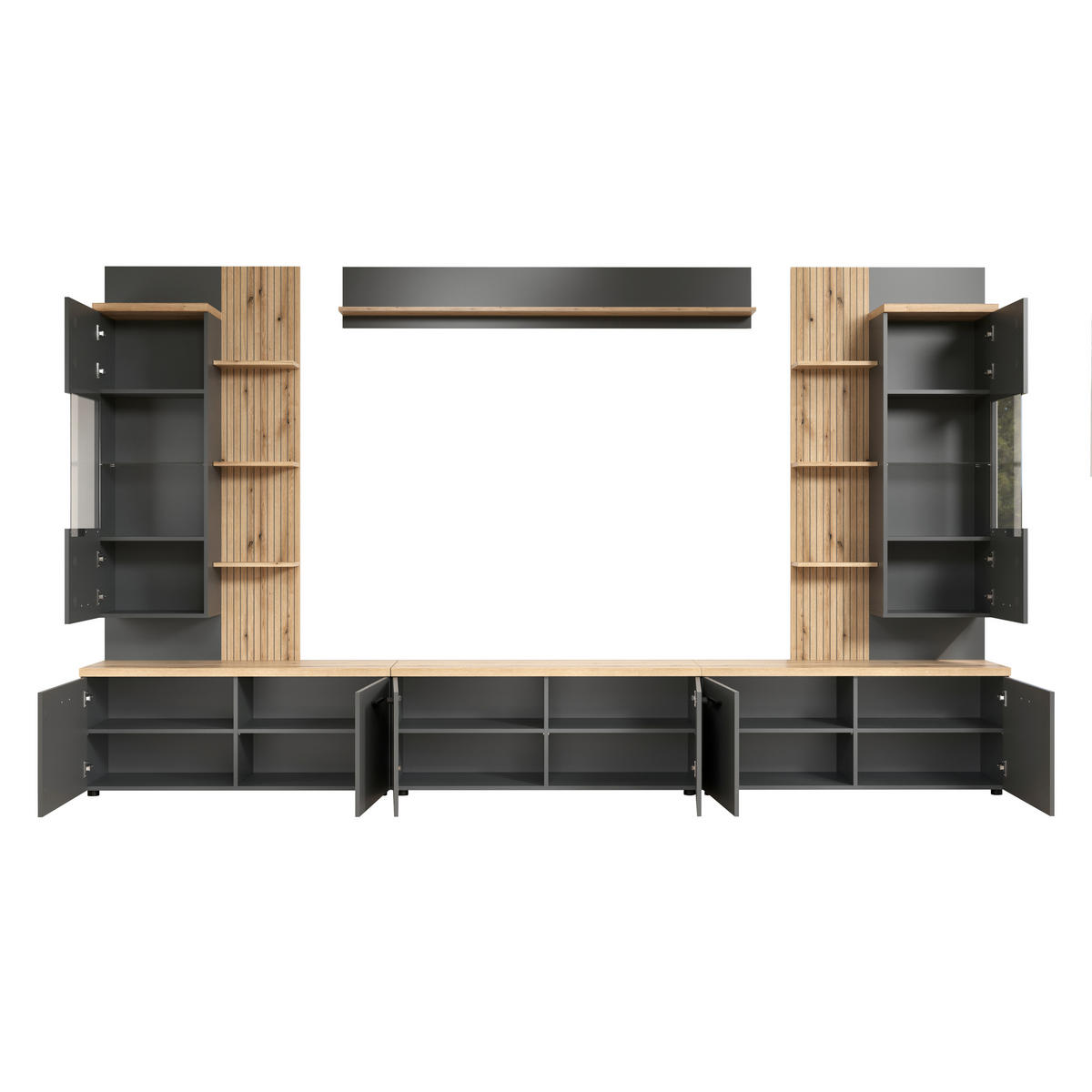 WOHNWAND 6-teilig  in Anthrazit, Eichefarben  360/212/40 cm  - Eichefarben/Anthrazit, Design, Glas/Holzwerkstoff (360/212/40cm) - MID.YOU