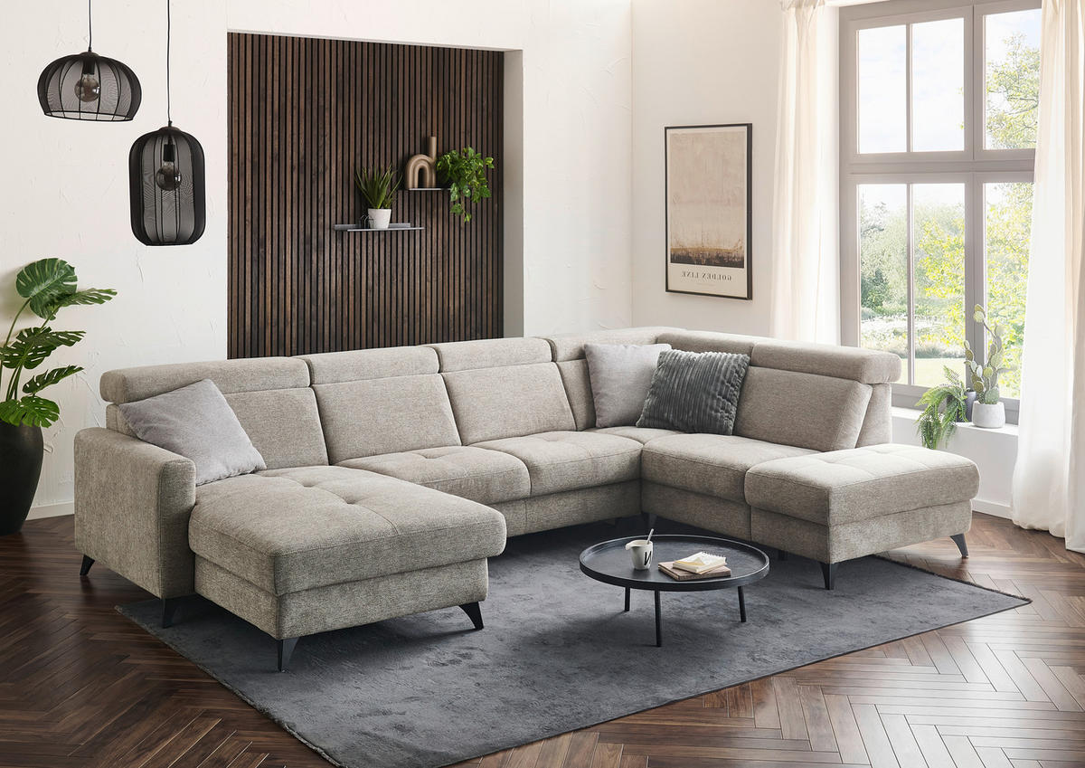 WOHNLANDSCHAFT Beldomo System Graubraun Flachgewebe  - Graubraun/Schwarz, KONVENTIONELL, Textil/Metall (174/333/215cm) - Beldomo System