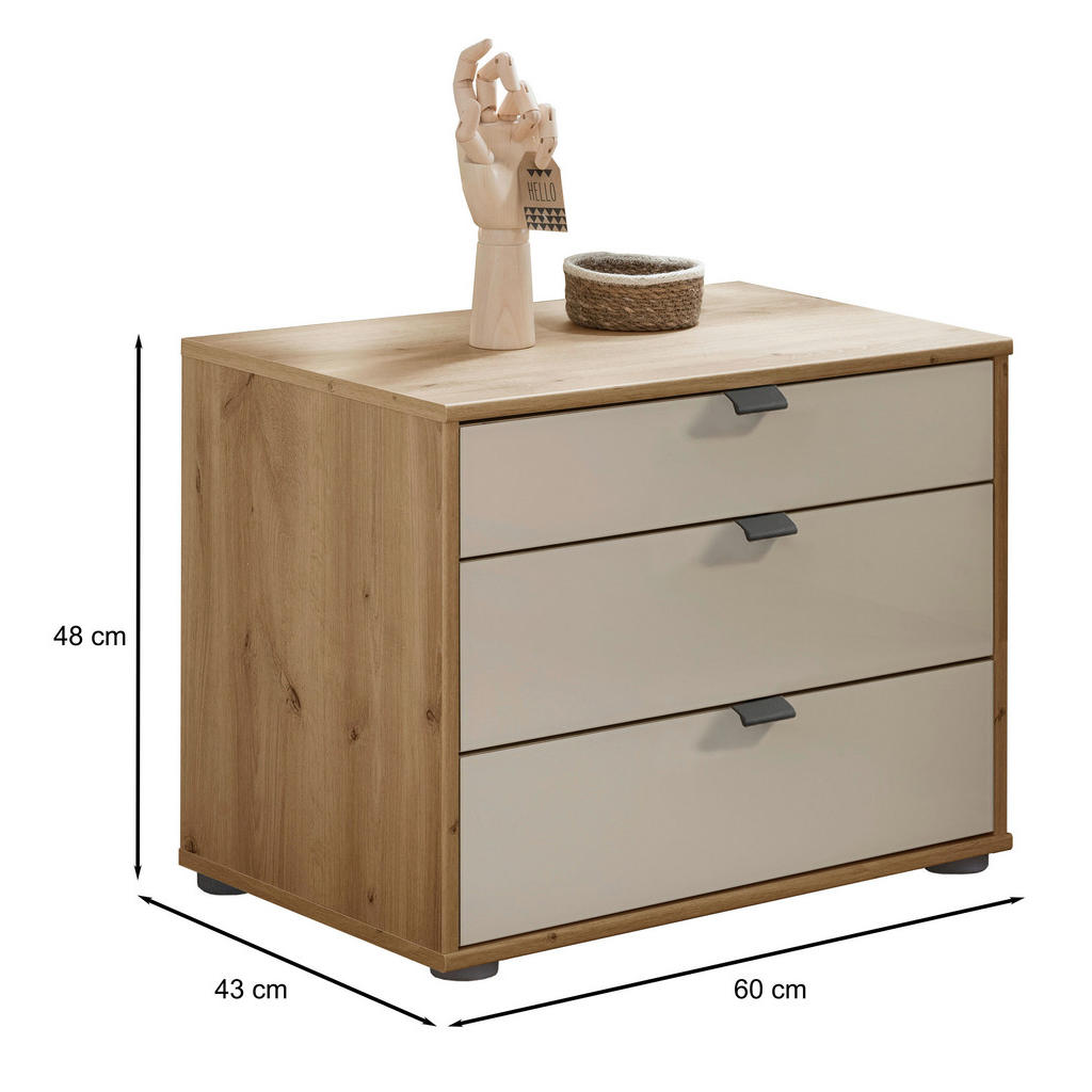 Thumbnail - Dieter Knoll Nachtschrank, Champagner, Eiche Bianco, Metall, 3 Schubladen, 60x48x43 cm, ISO 9001, Goldenes M, Made in Ge...