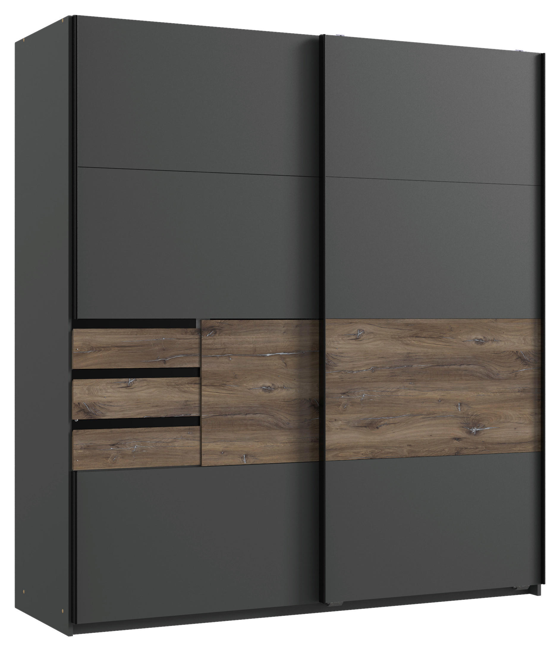 SCHWEBETÜRENSCHRANK 180/198/65 cm 2-türig Graphitfarben, Eichefarben  - Eichefarben/Schwarz, KONVENTIONELL, Holzwerkstoff/Metall (180/198/65cm) - Boxxx