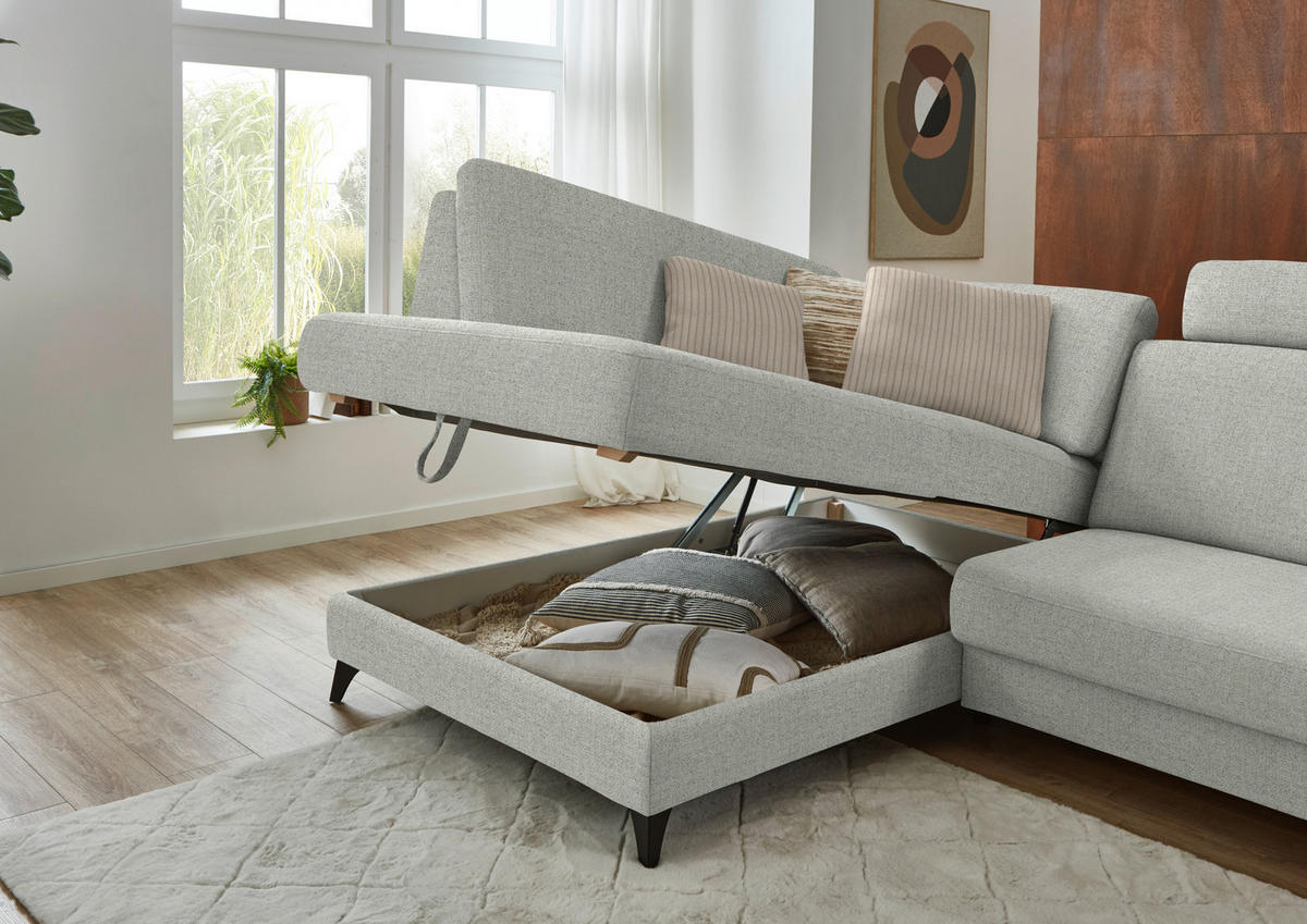 ECKSOFA 182/239 cm  in Chenille Hellgrau Rücken echt  182/239 cm  - Hellgrau/Schwarz, Design, Textil/Metall (182/239cm) - Beldomo Comfort