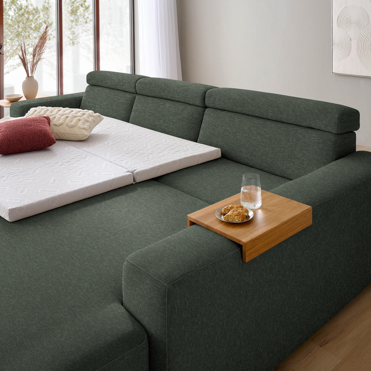 ECKSOFA  in Chenille Dunkelgrün  316/206 cm  - Dunkelgrün/Eichefarben, Design, Textil (316/206cm) - Sedda