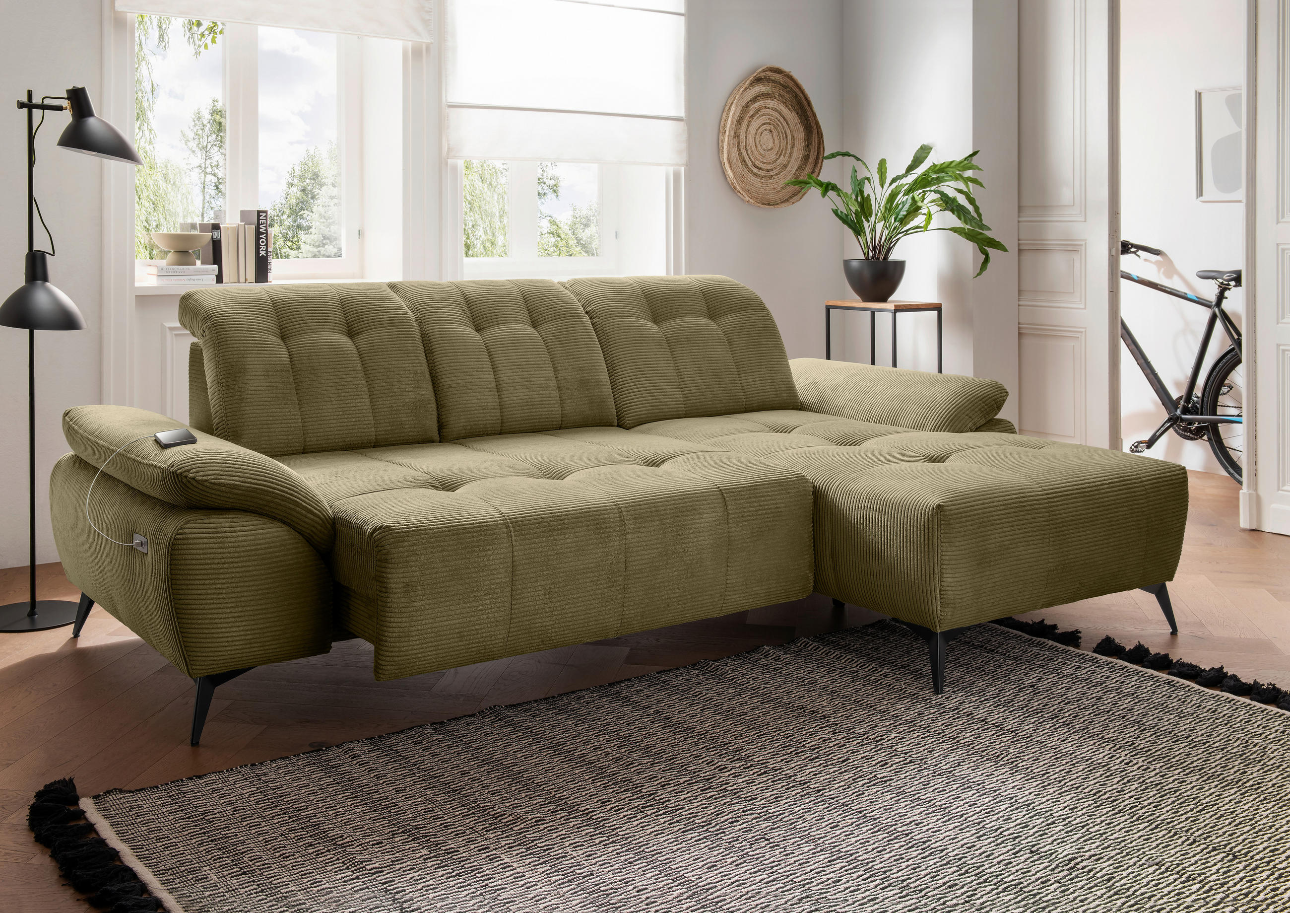 ECKSOFA Cord Olivgrün  - Schwarz/Olivgrün, Modern, Textil/Metall (280/180cm) - Livetastic