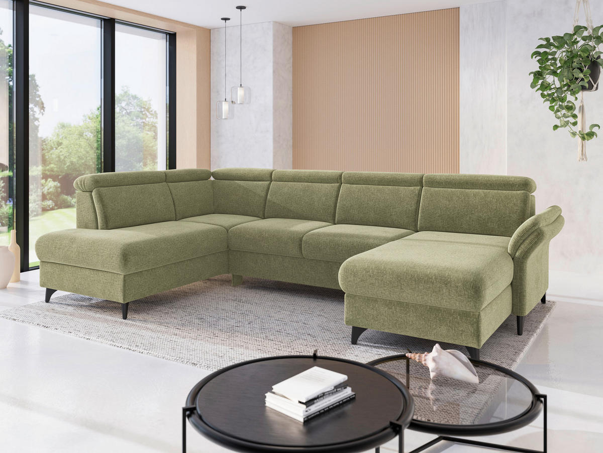 WOHNLANDSCHAFT GLENDALE E in Flachgewebe Hellgrün  - Schwarz/Hellgrün, KONVENTIONELL, Textil/Metall (193/321/166cm) - Sit & More