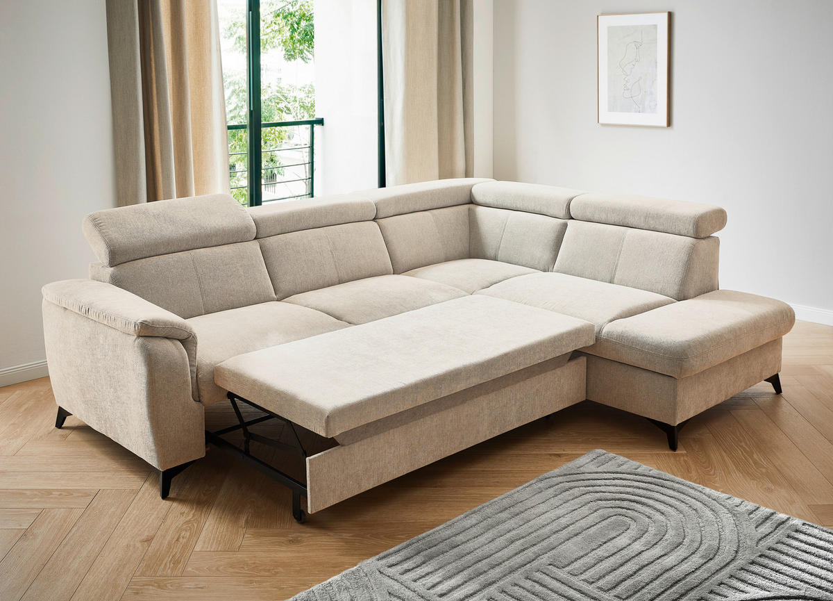 Ecksofa inkl. Funktionen in Chenille Naturfarben  - Schwarz/Naturfarben, Design, Textil/Metall (260/203cm) - Stylife