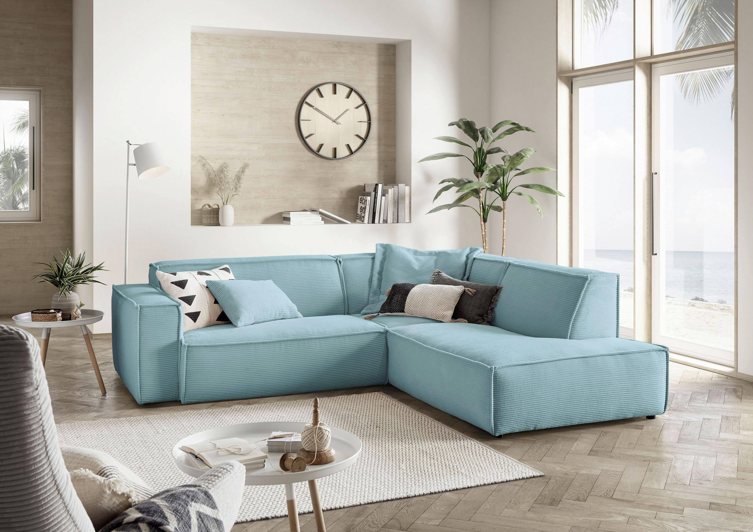 ECKSOFA in Cord Hellblau  - Schwarz/Hellblau, Konventionell, Kunststoff/Textil (254/224cm) - Hom`in