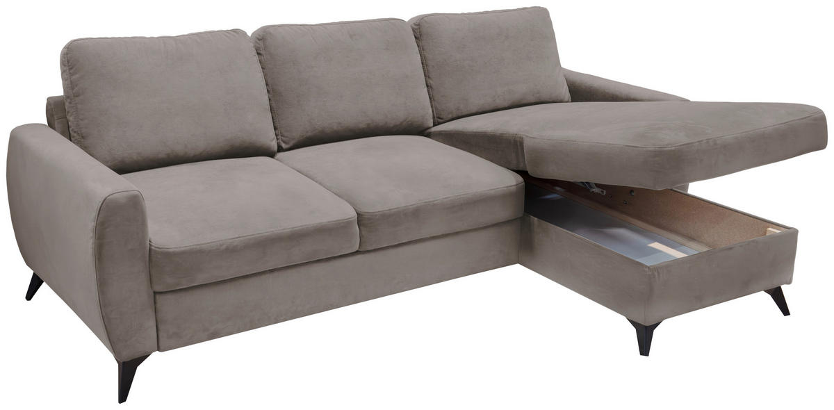 ECKSCHLAFSOFA JEFFREY Mikrovelours Taupe  inkl. Zierkissen, Rückenkissen, Stauraum  - Taupe/Schwarz, KONVENTIONELL, Textil/Metall (230/150cm) - Livetastic