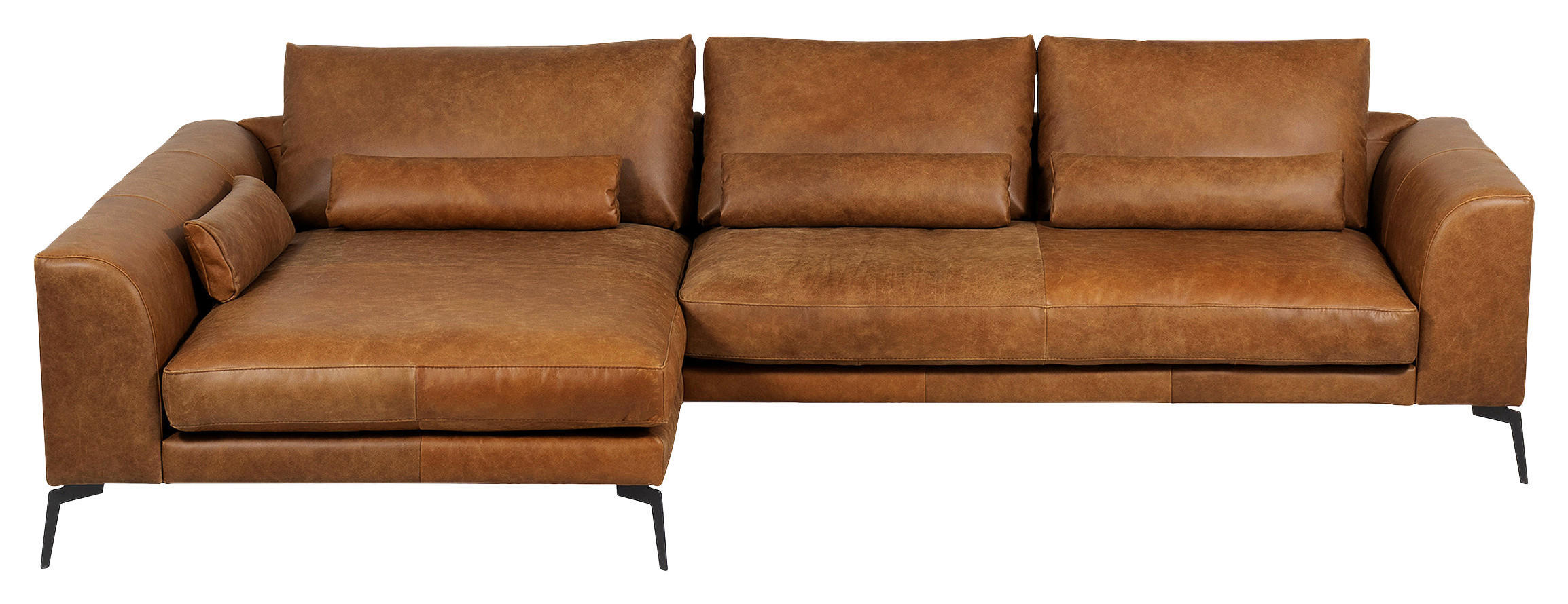 ECKSOFA Cognac Echtleder  - Cognac/Schwarz, Design, Leder/Metall (172/313cm) - Livetastic