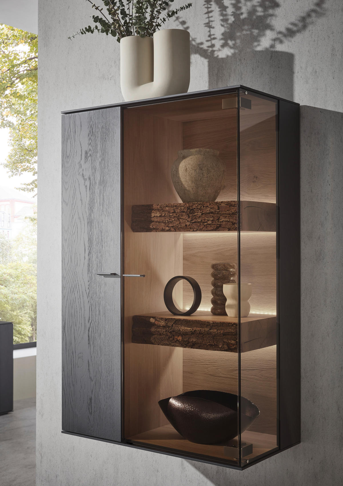 WOHNWAND  Anthrazit, Eichefarben 311/196/44 cm  - Eichefarben/Anthrazit, Design, Glas/Holz (311/196/44cm) - Valnatura