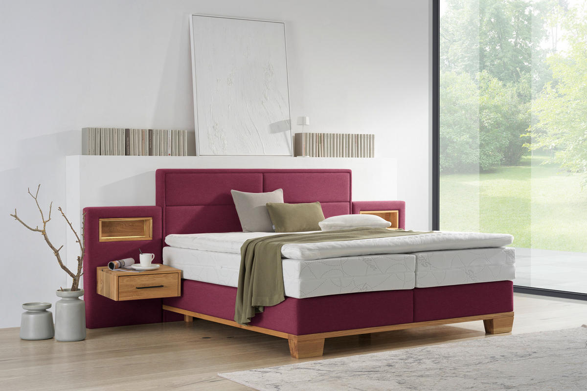 BOXSPRINGBETT 180/200 cm  in Eichefarben, Dunkelrot  - Eichefarben/Dunkelrot, Natur, Holz/Textil (180/200cm) - Valnatura