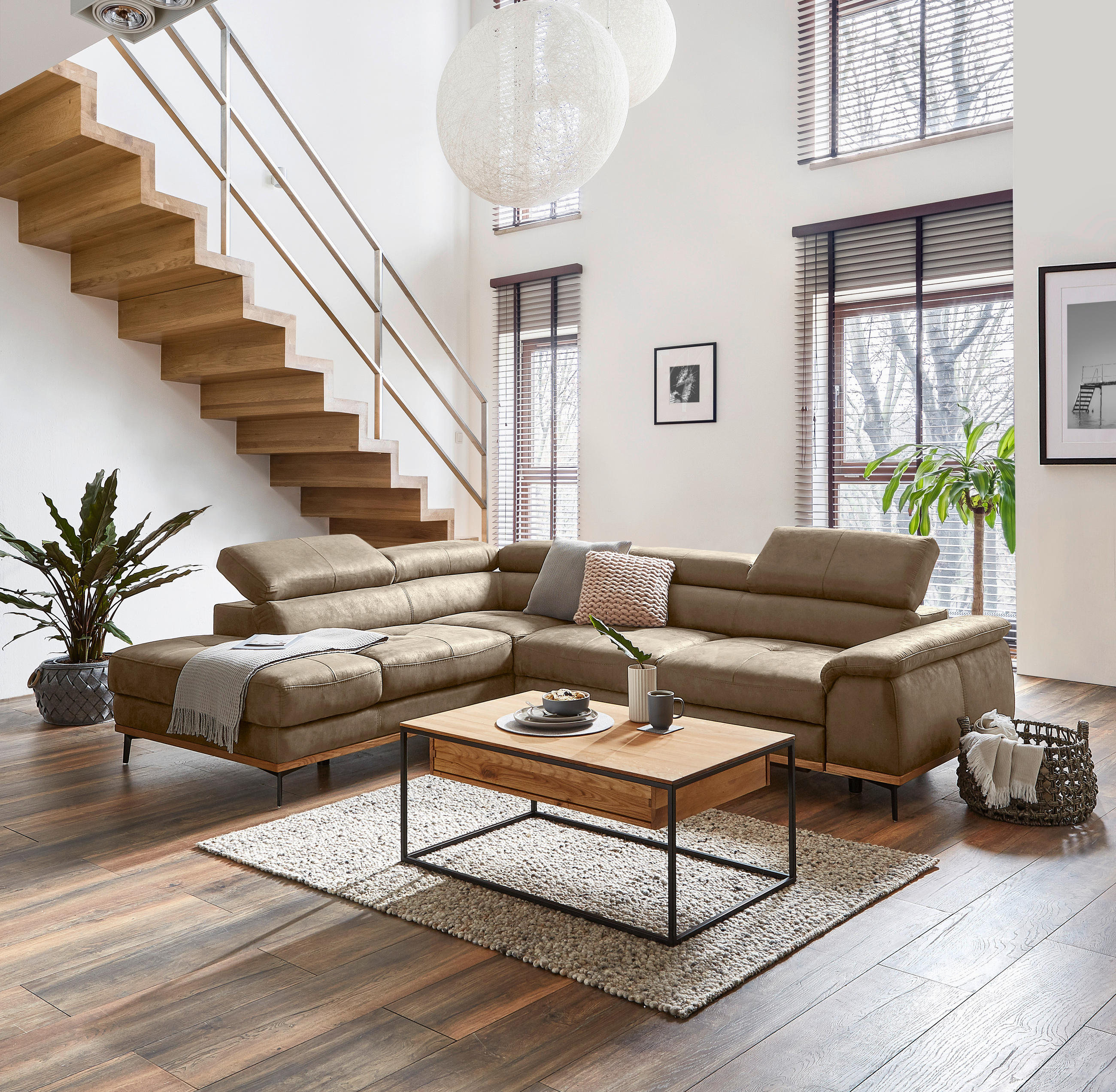 ECKSOFA Sandfarben Lederlook  - Sandfarben/Schwarz, Natur, Holz/Textil (226/282cm) - Novel