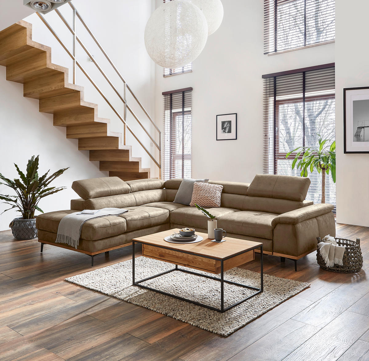 ECKSOFA in Lederlook Sandfarben  - Sandfarben/Schwarz, Natur, Holz/Textil (226/282cm) - Novel
