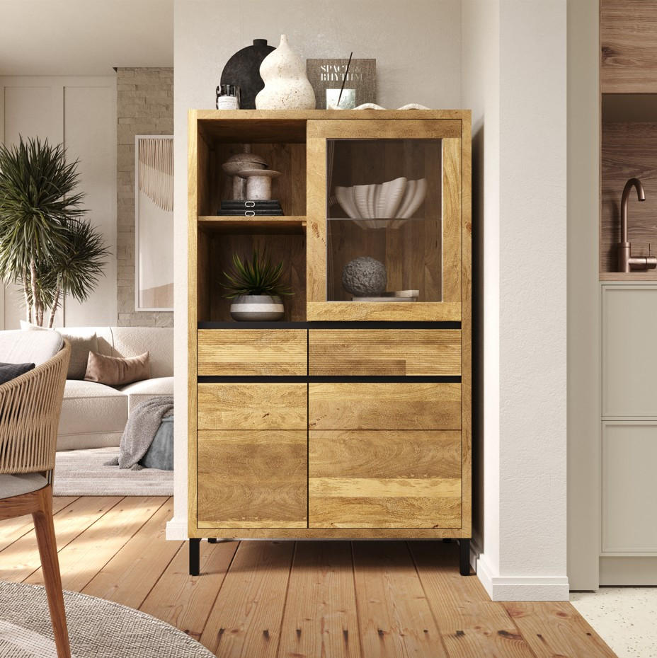 VITRINE in furniert, massiv Mangoholz Naturfarben  - Schwarz/Naturfarben, KONVENTIONELL, Glas/Holz (92/151/42cm) - Livetastic