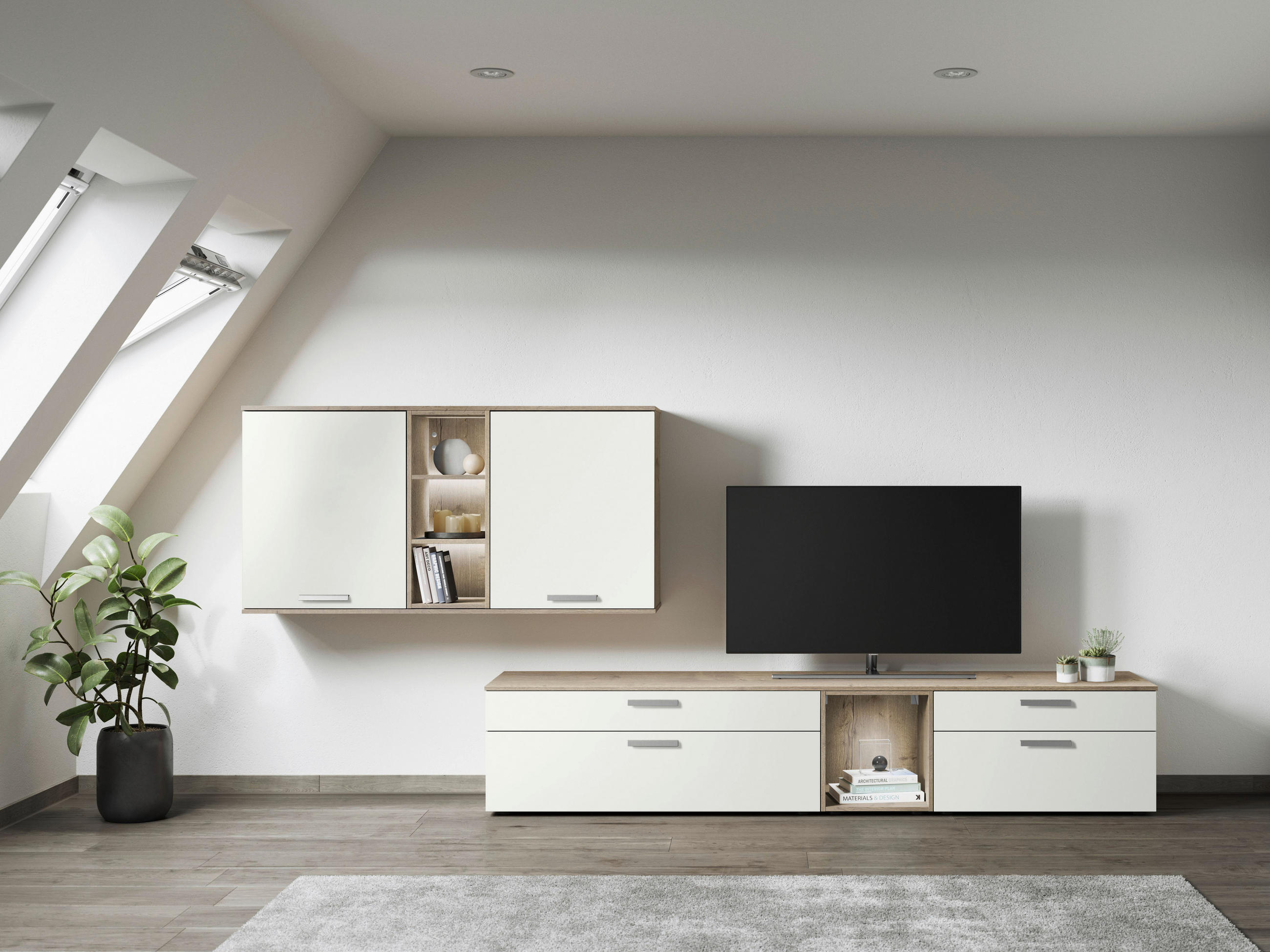WOHNWAND  in Weiß, Eichefarben  330/150/48,5 cm  - Edelstahlfarben/Eichefarben, Design, Holzwerkstoff/Metall (330/150/48,5cm) - Celina Home