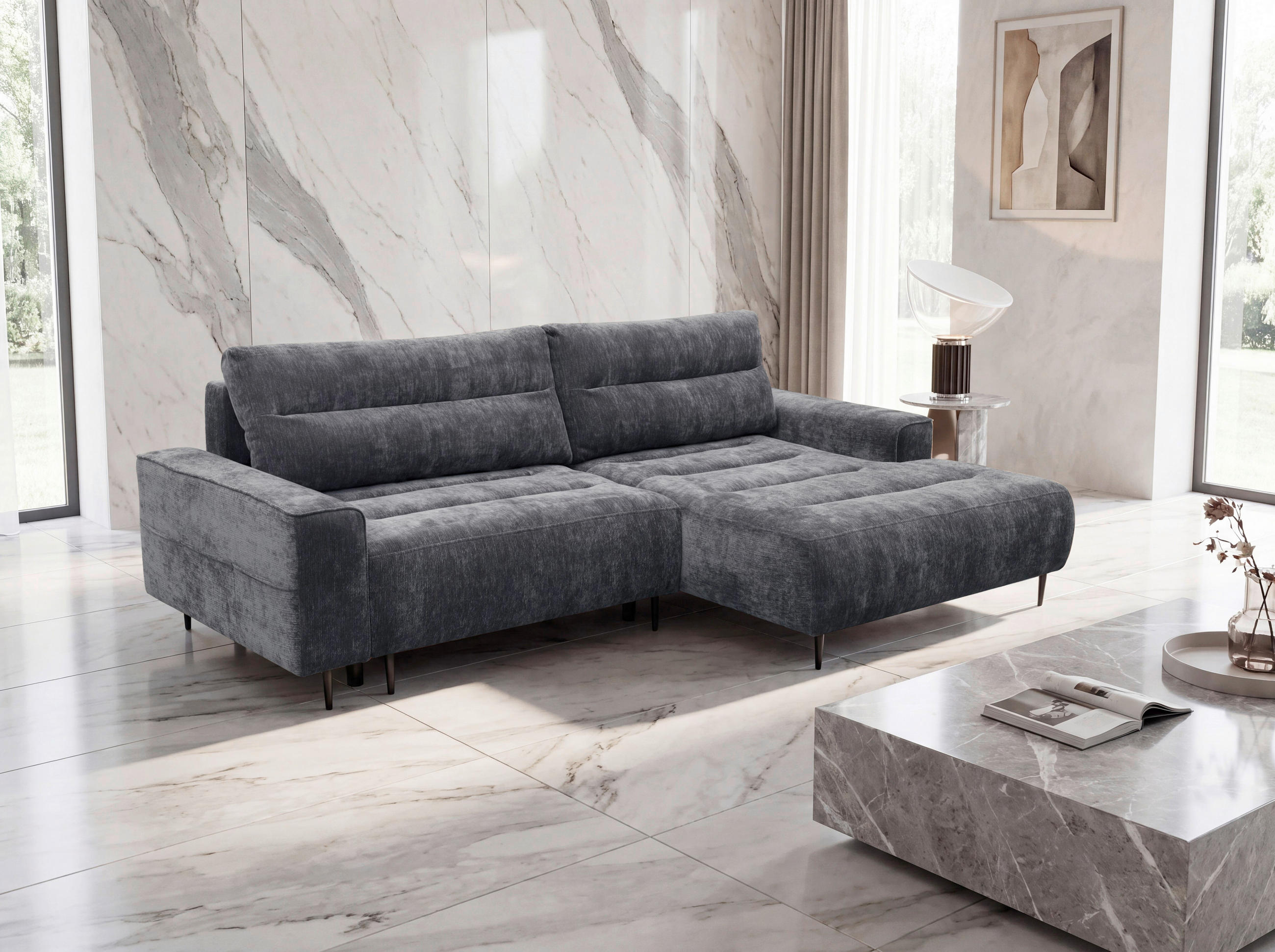ECKSOFA Struktur Grau  - Schwarz/Grau, Design, Holz/Textil (260/160cm) - MID.YOU