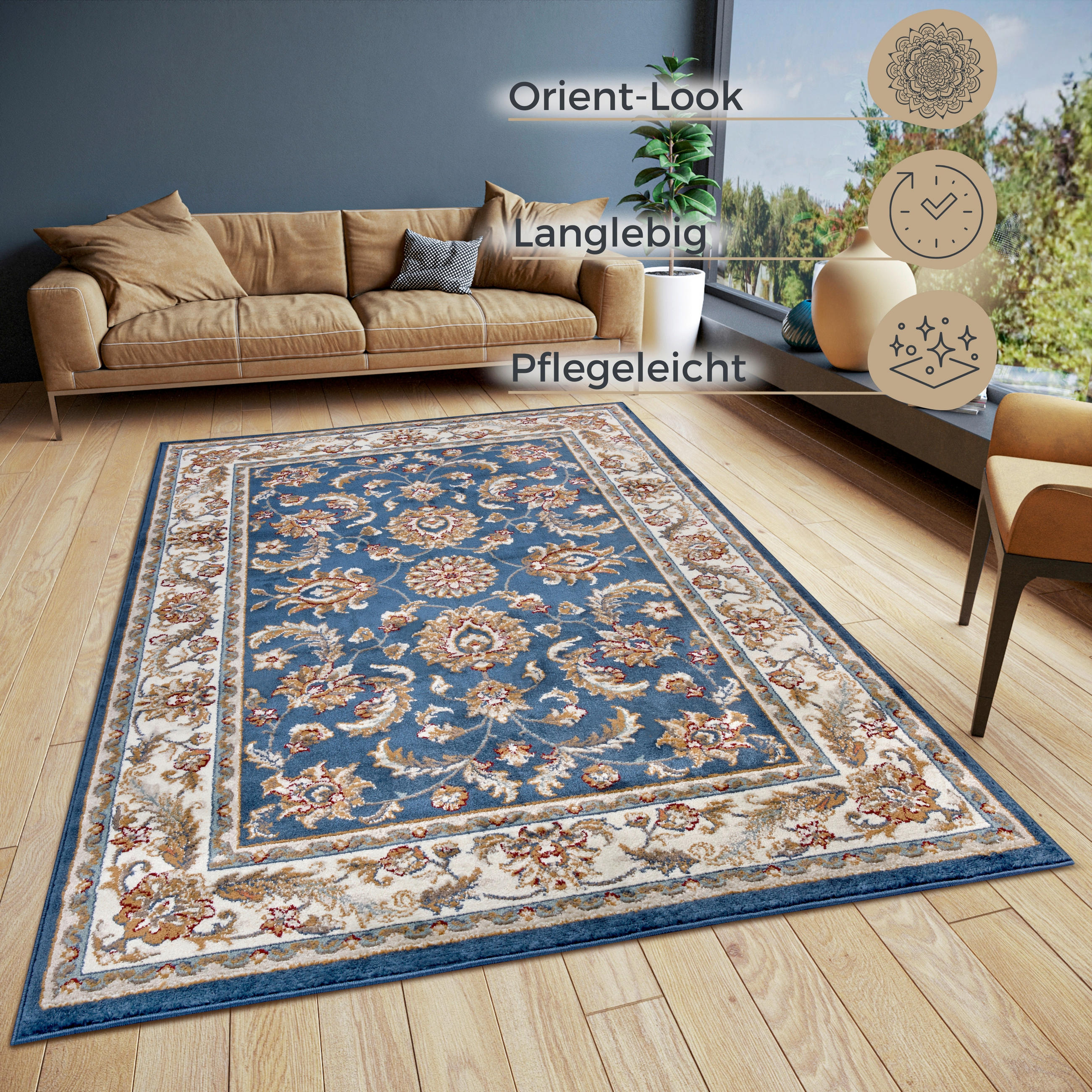 FLACHWEBETEPPICH 57/90 cm Luxor Blau, Creme  - Blau/Creme, Design, Kunststoff/Textil (57/90cm)