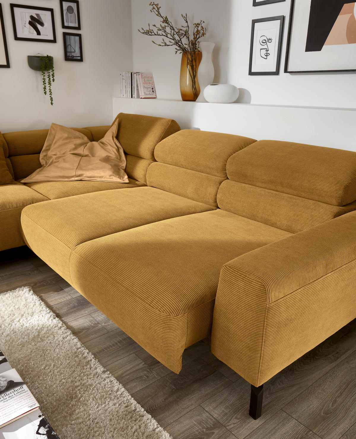 ECKSOFA Ottomane links  Gelb Feincord  - Gelb/Schwarz, Design, Textil/Metall (219/273cm) - Pure Home Lifestyle
