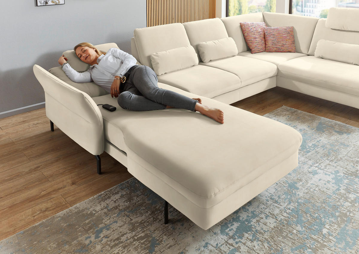 WOHNLANDSCHAFT in Velours Creme, Naturfarben  - Creme/Schwarz, Design, Textil/Metall (179/335/220cm) - Beldomo System
