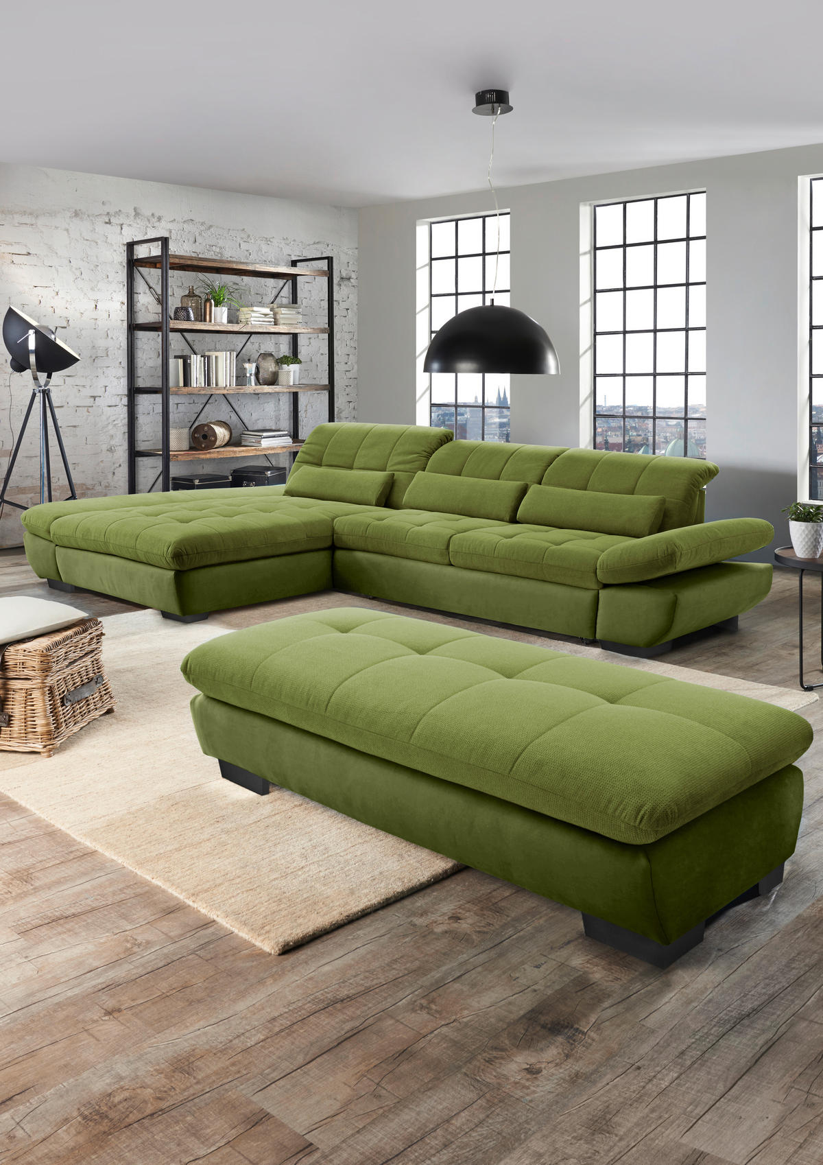 SEDEŽNA GARNITURA, gladka tkanina zelena  - črna/zelena, Design, kovina/tekstil (341/204cm) - Xora