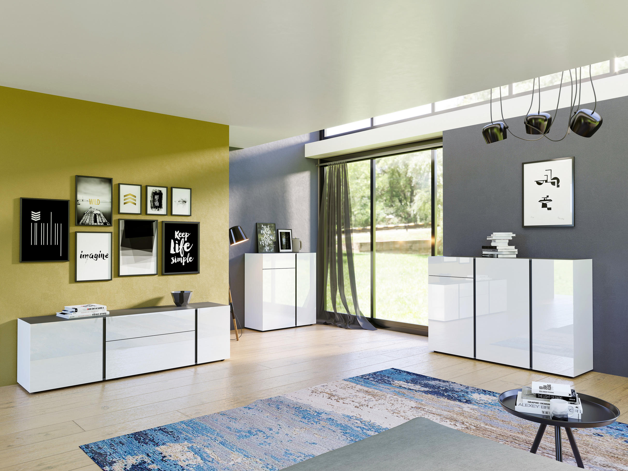KOMMODE Graphitfarben, Weiß - Graphitfarben/Schwarz, MODERN, Glas/Holzwerkstoff (94/104/42cm) - Voleo