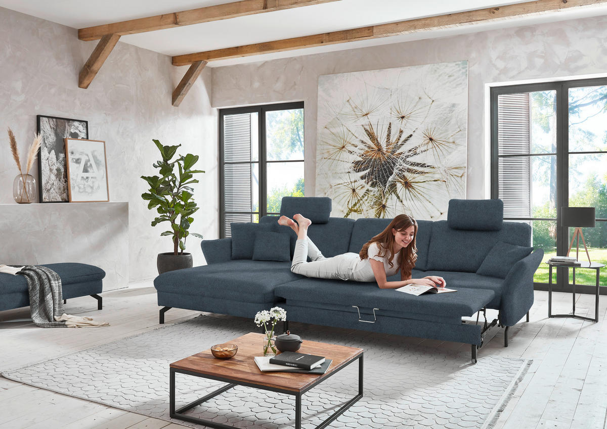 ECKSOFA in Velours Blaugrau  - Blaugrau/Schwarz, Design, Textil/Metall (179/306cm) - Beldomo System