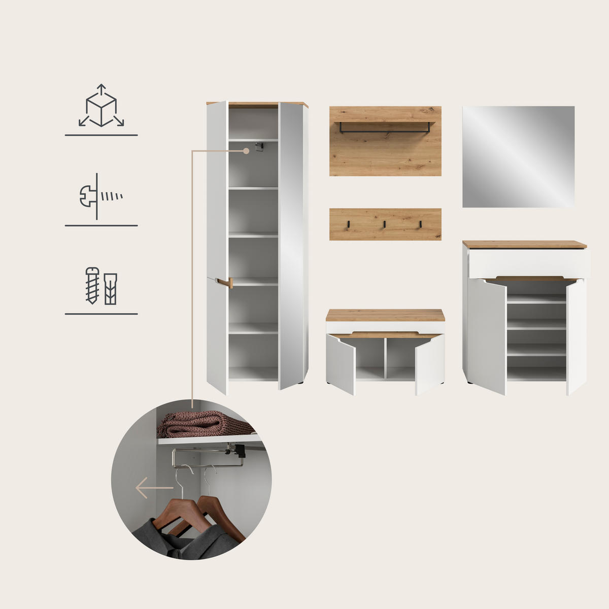 GARDEROBE 4-teilig  in 175/190/37 cm  - Weiß/Eiche Artisan, Design, Holzwerkstoff (175/190/37cm) - MID.YOU