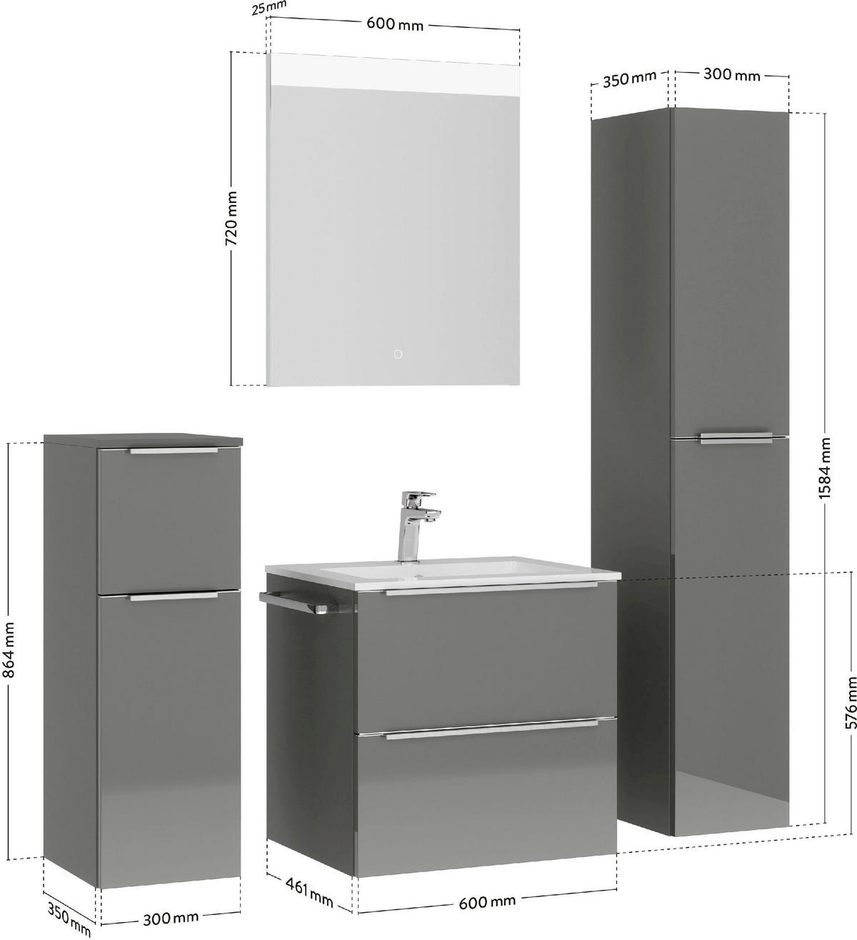 WASCHTISCHKOMBI 61 cm  - Schieferfarben/Edelstahlfarben, MODERN, Holzwerkstoff/Stein (61cm) - Nobilia