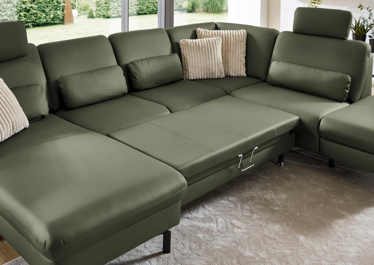 WOHNLANDSCHAFT Echtleder Olivgrün  - Schwarz/Olivgrün, Konventionell, Leder/Metall (168/306/224cm) - Beldomo Premium