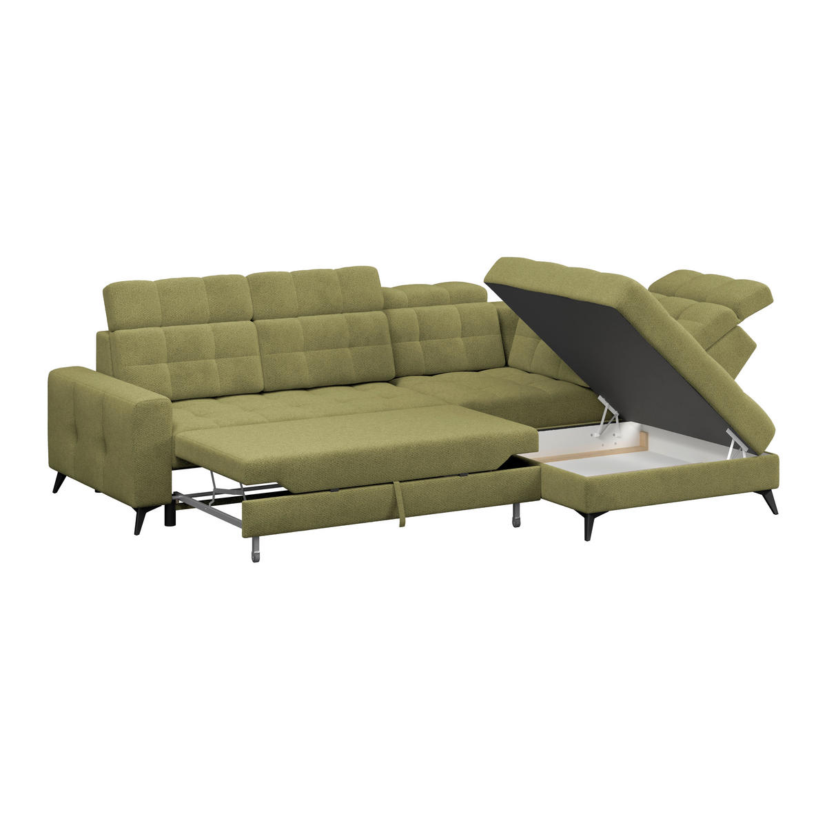 ECKSOFA BARLETTA NEW Grün Velours Bettkasten, Kopfteilverstellung, Sitztiefenverstellung, Liegefläche im Originalstoff  - Schwarz/Grün, ROMANTIK / LANDHAUS, Textil/Metall (289/228cm) - MID.YOU