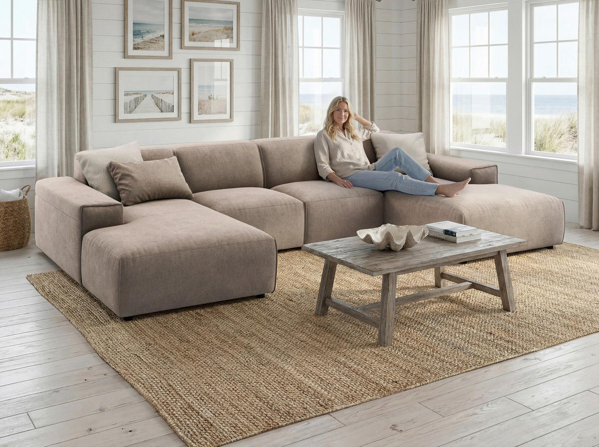 WOHNLANDSCHAFT Taupe Chenille  - Taupe/Schwarz, MODERN, Kunststoff/Textil (189/340/189cm) - Pure Home Lifestyle