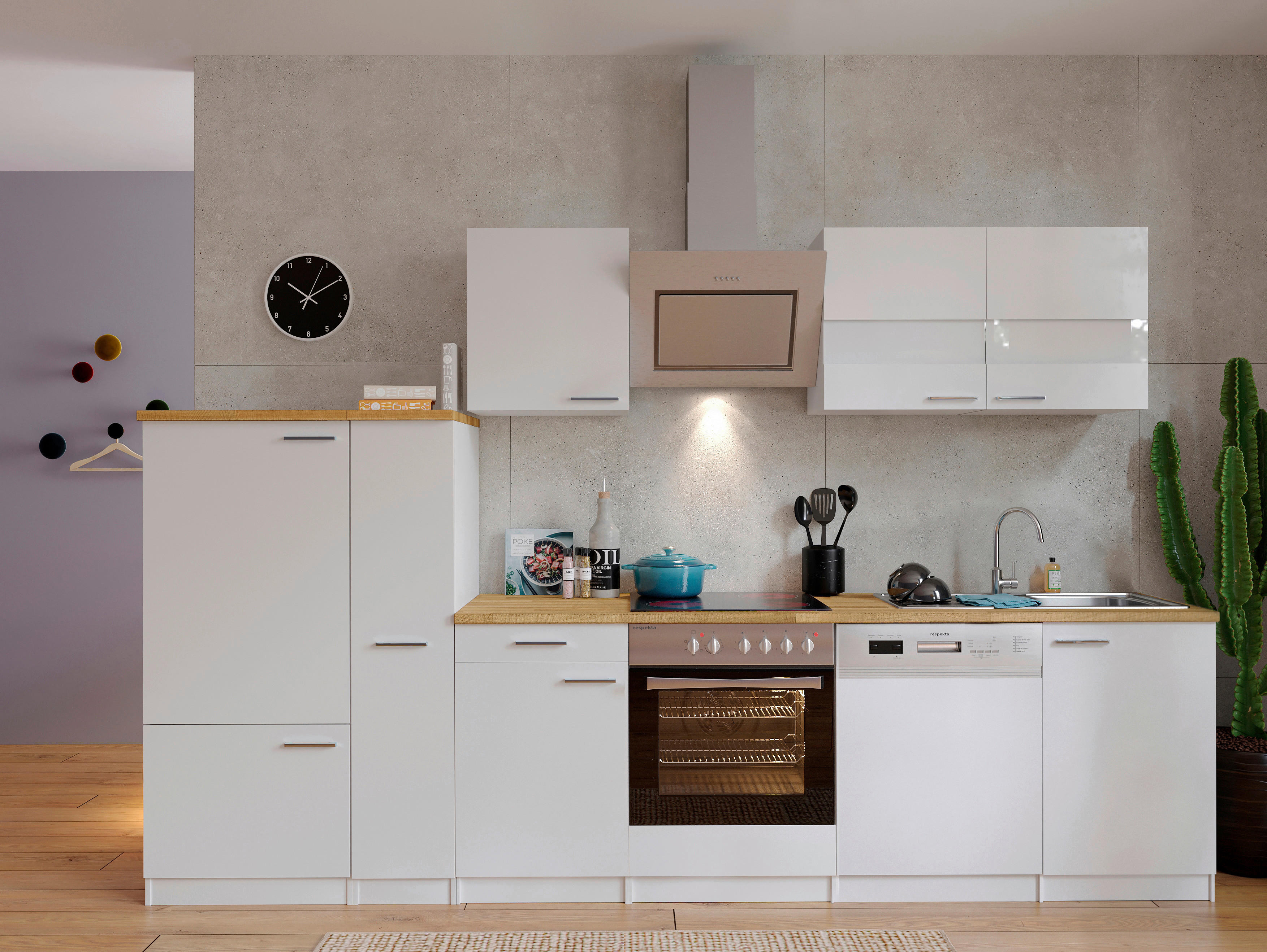 Küchenzeile Economy m. Geräten 310 cm   in Weiß  - Edelstahlfarben/Nussbaumfarben, Basics, Metall (310cm) - Respekta