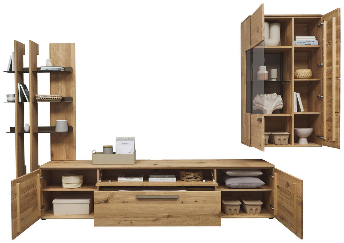 WOHNWAND  in Bronzefarben, Wildeiche  340,1/214/45,2 cm  - Wildeiche/Schwarz, Natur, Glas/Holz (340,1/214/45,2cm) - Valnatura