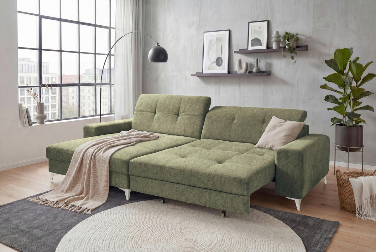 ECKSOFA SORELLA in Chenille Dunkelgrün Kopfteilverstellung, Sitztiefenverstellung  182/328 cm  - Kaschmir/Dunkelgrün, Design, Kunststoff/Textil (182/328cm) - MID.YOU