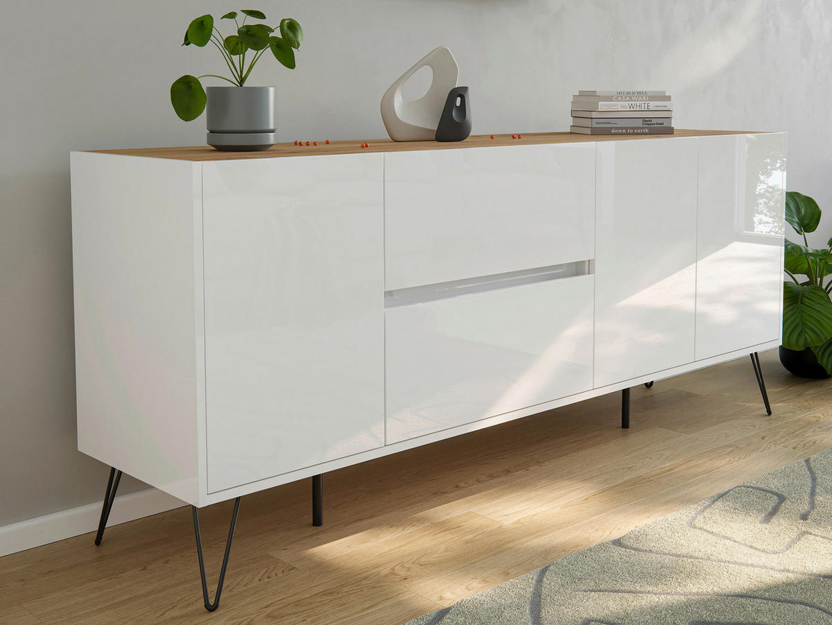 SIDEBOARD Posseik Industrial  in 177/75,8/42 cm  - Weiß Hochglanz/Eichefarben, Design, Holzwerkstoff/Metall (177/75,8/42cm) - P & B