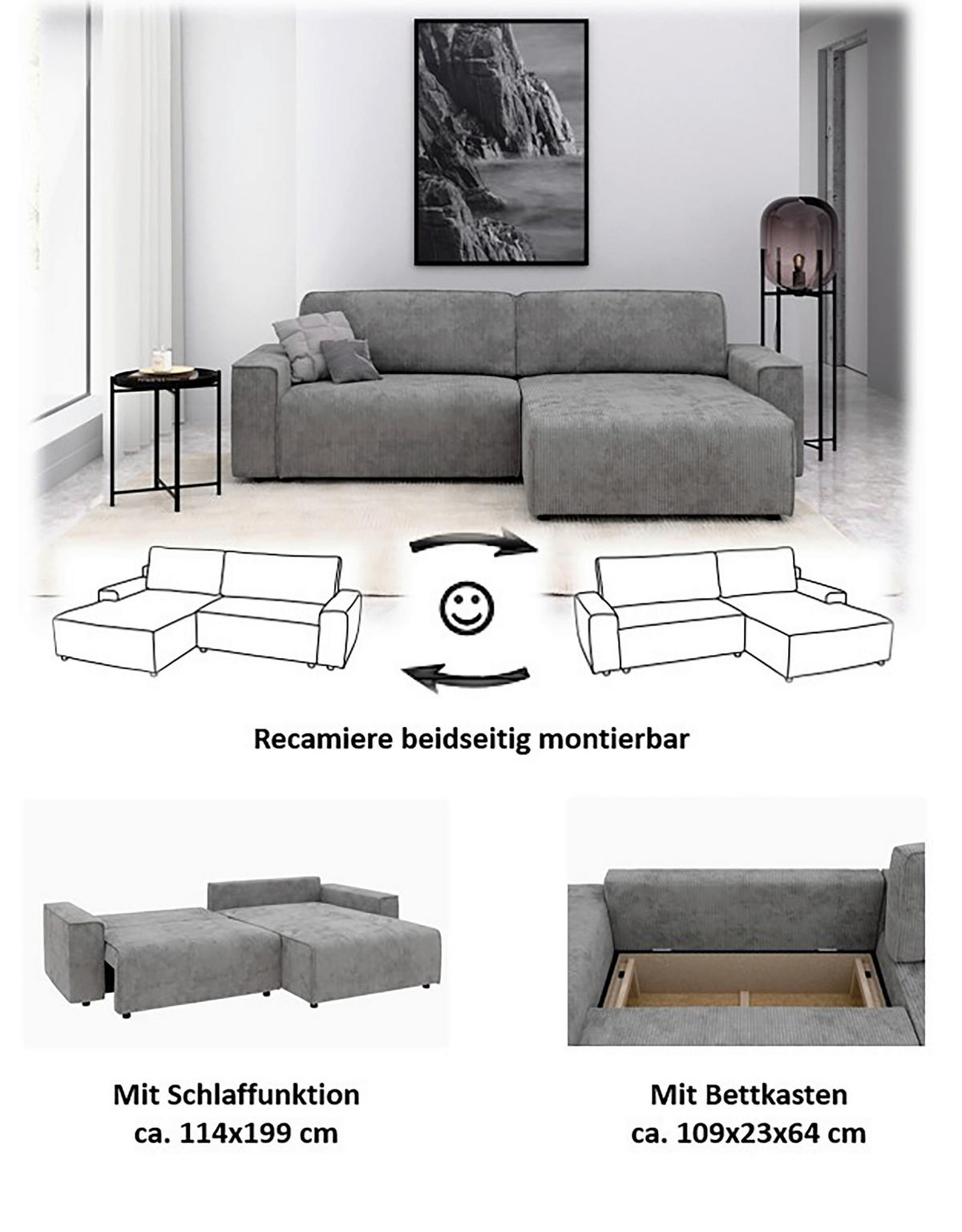 ECKSOFA in Cord Grau  265/164 cm  - Schwarz/Grau, MODERN, Kunststoff/Textil (265/164cm) - Trendmanufaktur
