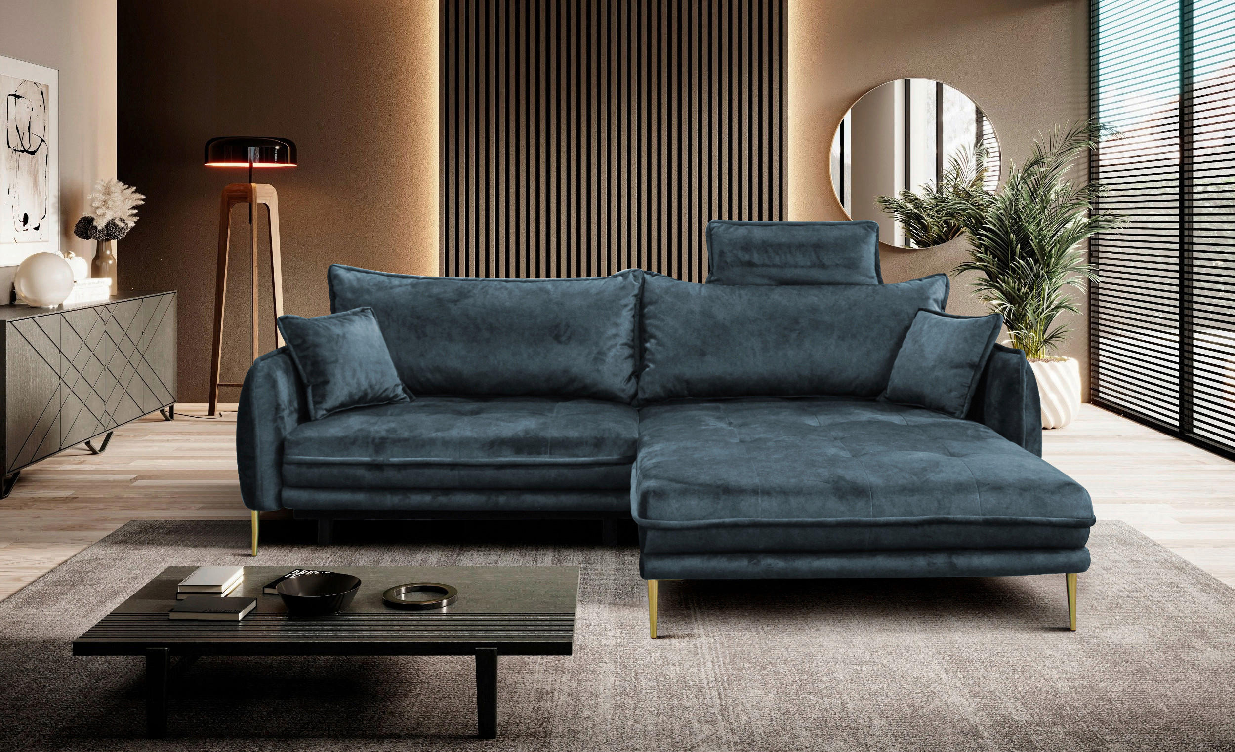 ECKSOFA in Velours Blau  264/196 cm  - Blau/Goldfarben, Design, Textil/Metall (264/196cm) - MID.YOU