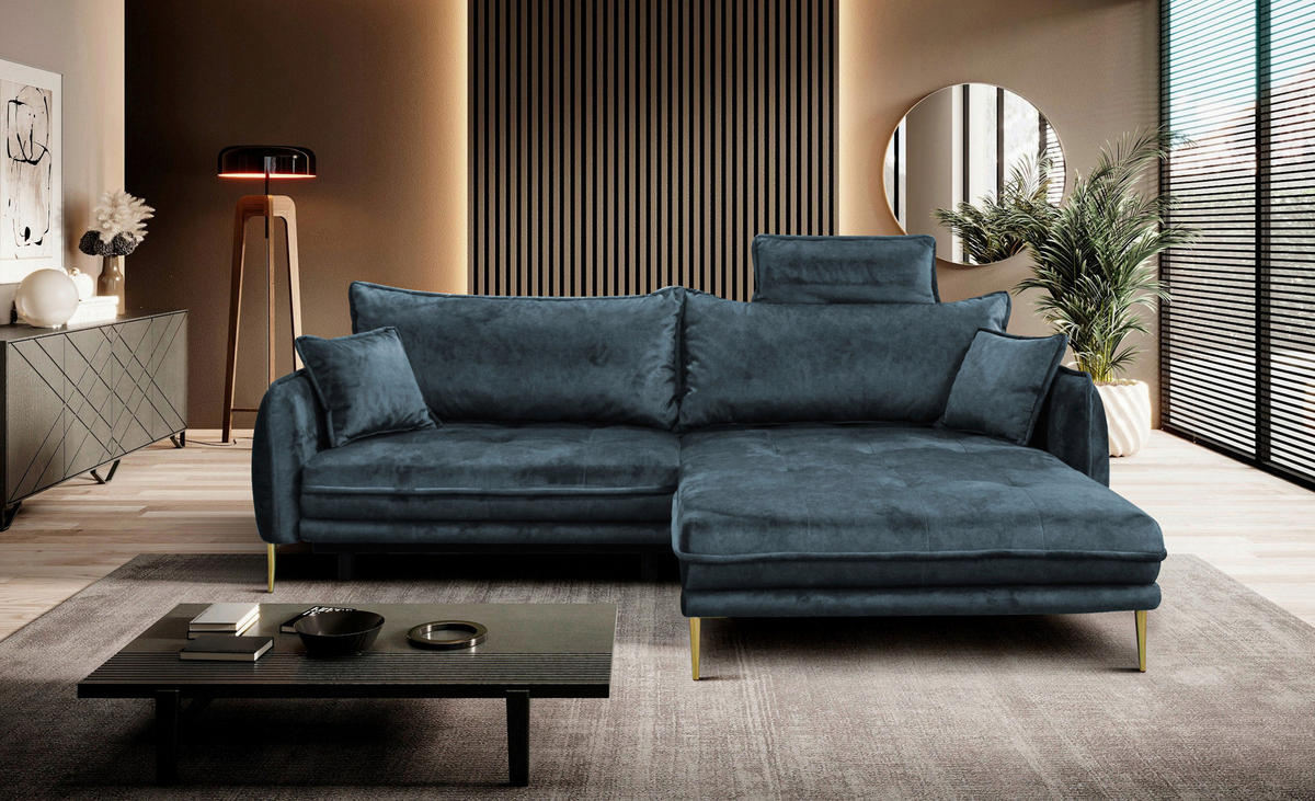 ECKSOFA Blau Velours  - Blau/Goldfarben, Design, Textil/Metall (264/196cm) - MID.YOU