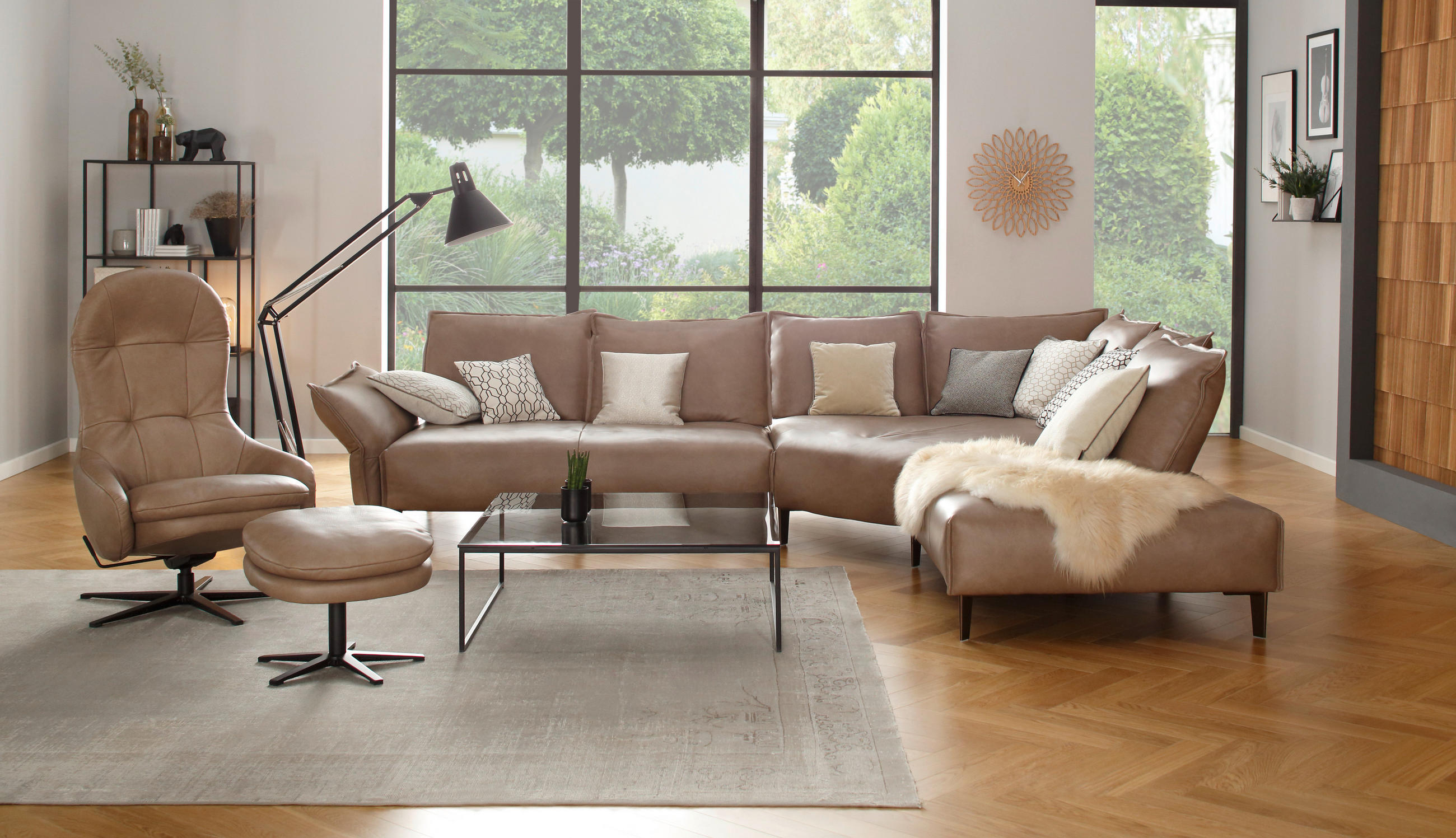 ECKSOFA Sandfarben Echtleder  - Sandfarben/Schwarz, Design, Leder/Metall (340/272cm) - Chilliano