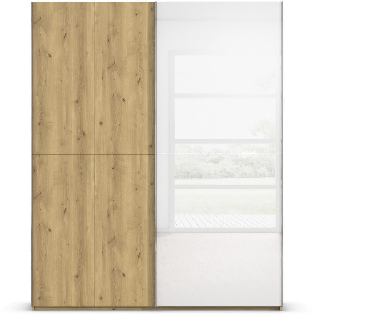 SCHWEBETÜRENSCHRANK 180/223/68 cm 2-türig Weiß, Eichefarben, Chromfarben  - Chromfarben/Eichefarben, Design, Glas/Holz (180/223/68cm) - Novel