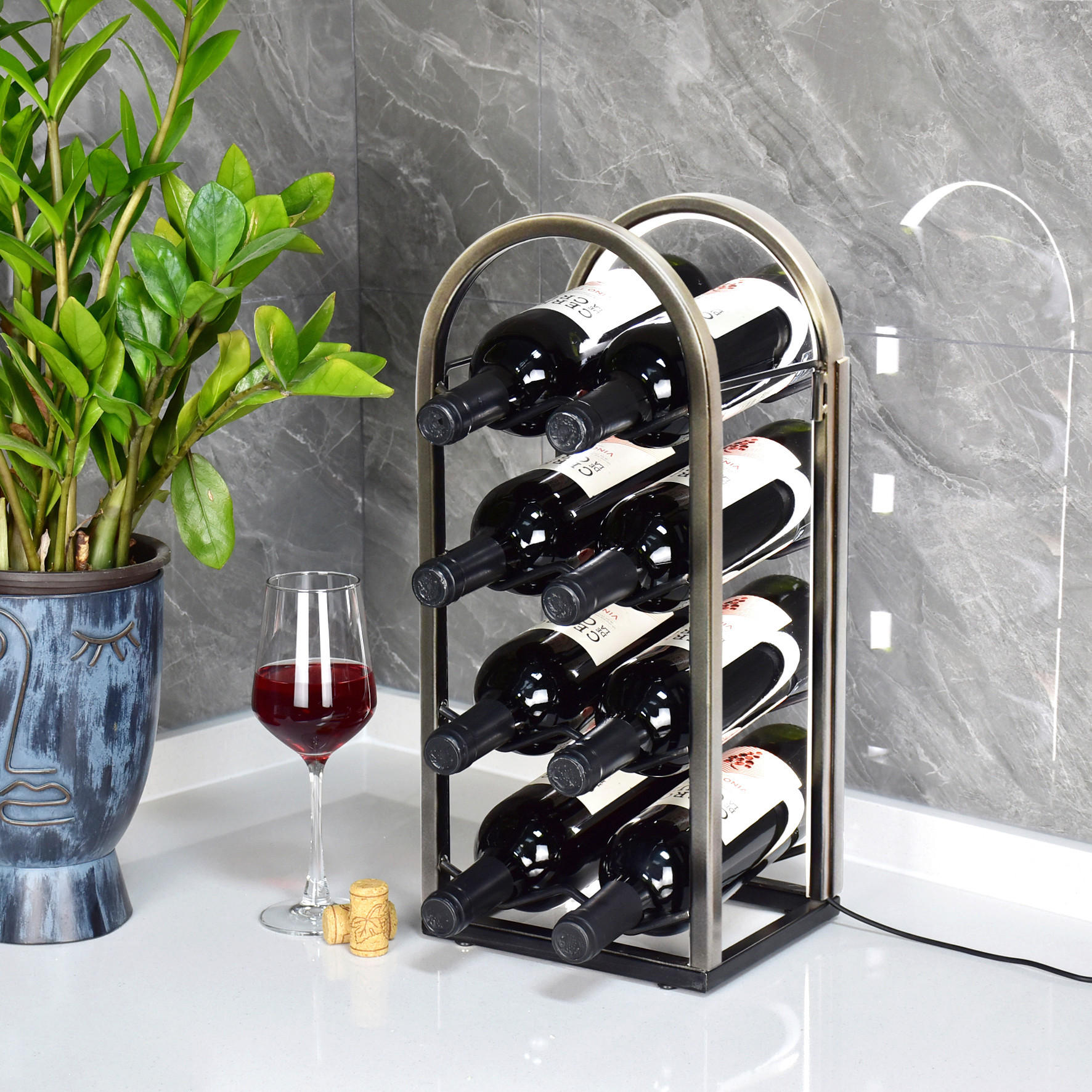 ETAJERĂ PENTRU STICLE DE VIN 45,5/18,5/20,5 cm - culoare stejar argintiu, Design, metal (45,5/18,5/20,5cm)