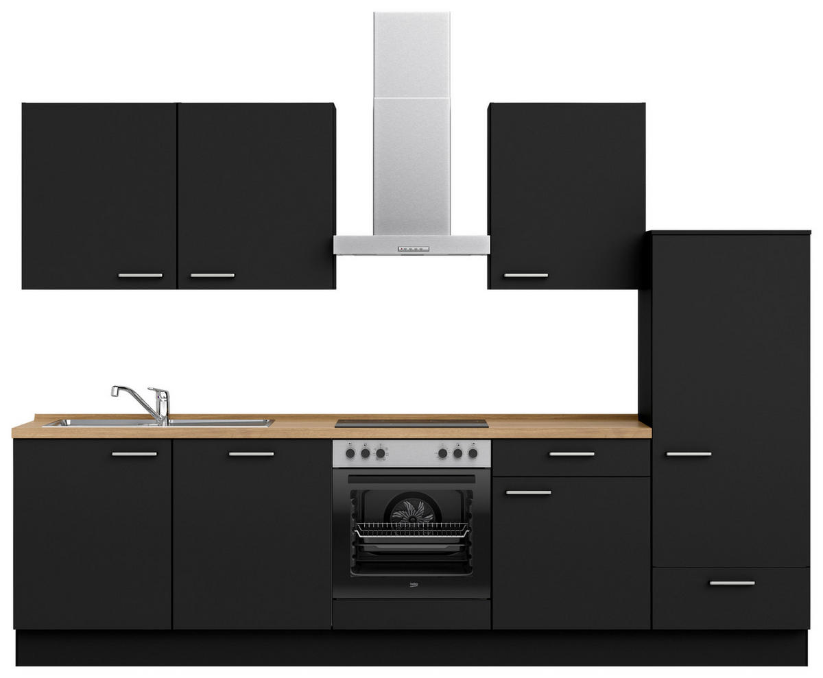 KÜCHENLEERBLOCK 300 cm   in Schwarz, Eichefarben  - Edelstahlfarben/Eichefarben, MODERN, Holzwerkstoff/Metall (300cm) - Nobilia
