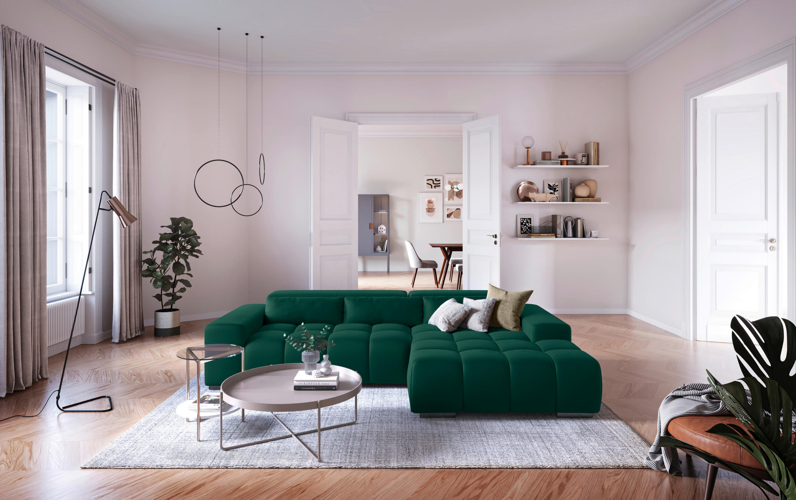 ECKSOFA Grün Velours  - Silberfarben/Grün, KONVENTIONELL, Textil/Metall (307/186cm) - Livetastic