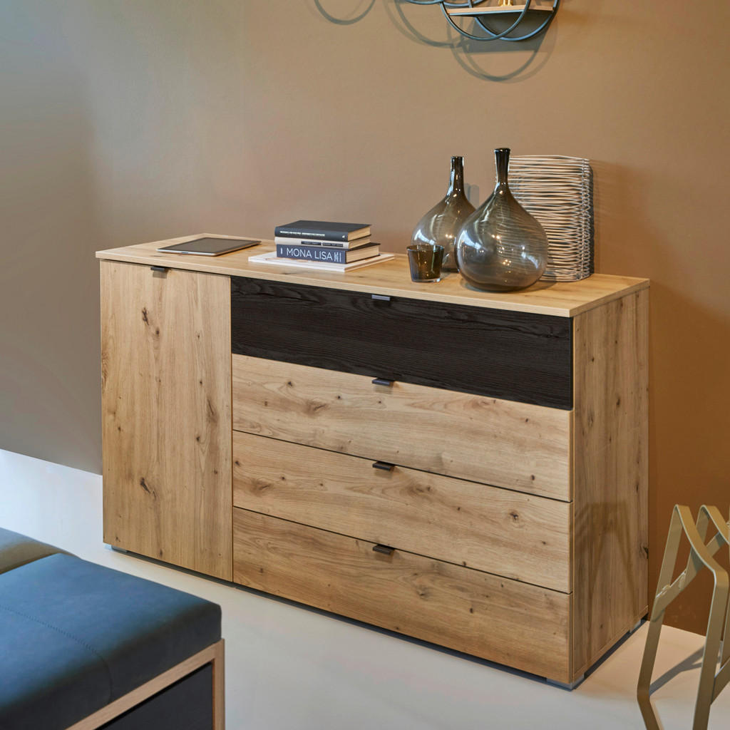 Thumbnail - Rauch Möbel Kommode, Schwarz, Eiche Artisan, Metall, 1 Fächer, 4 Schubladen, 120x81x42 cm, Blauer Engel, BQ - Bündnis fü...